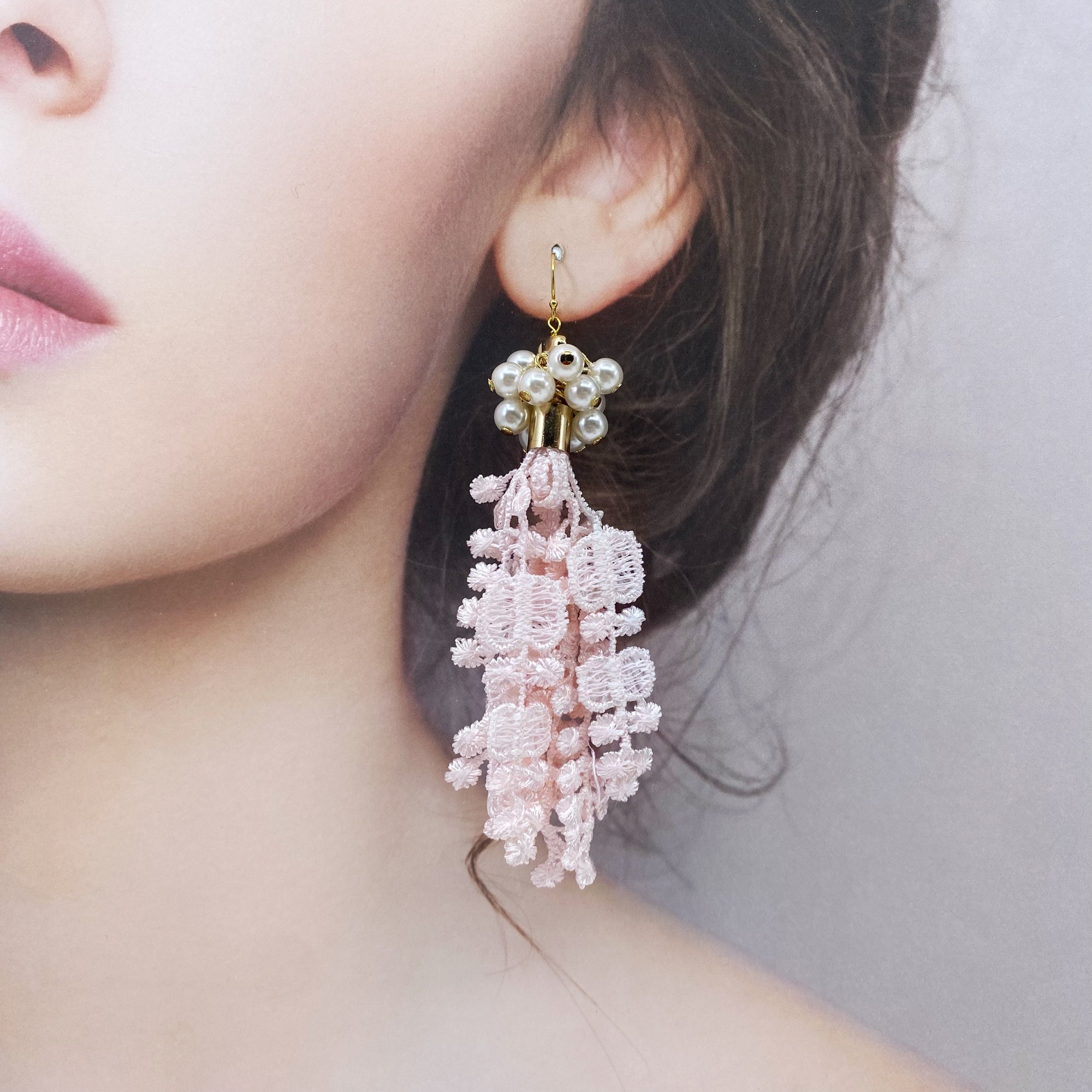 Asymmetrical Pink Lace Tassel Earrings - Yun Boutique