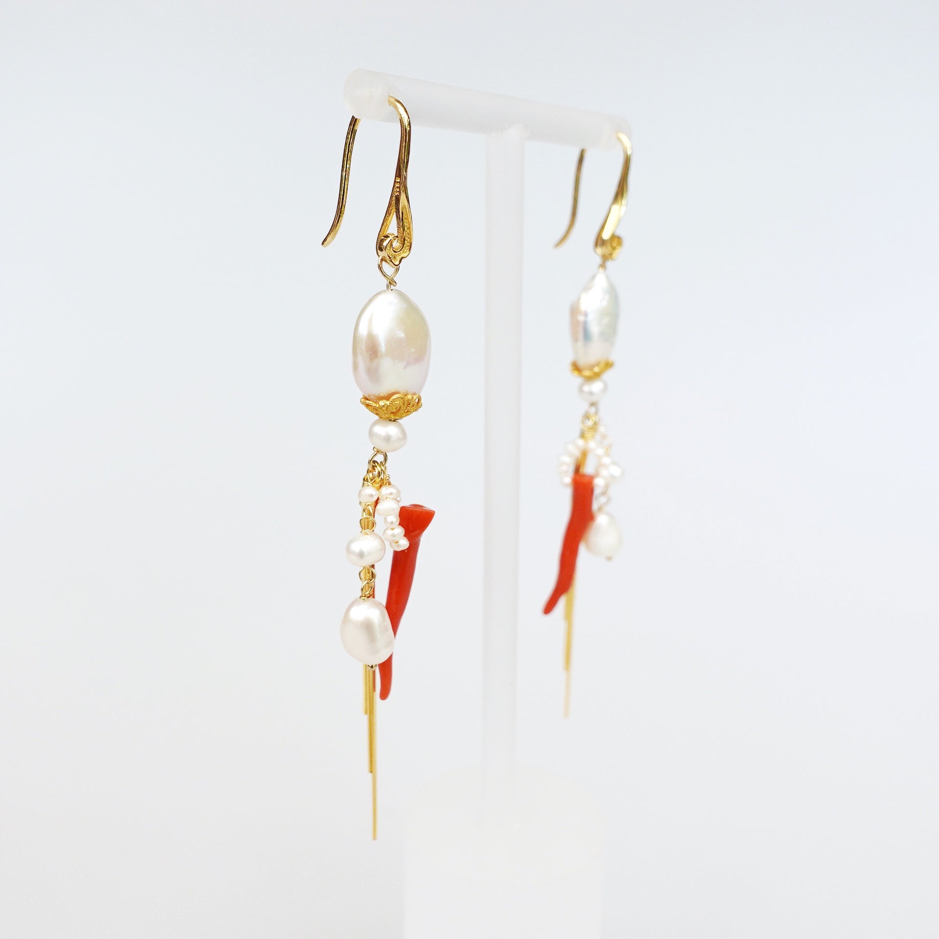 Dragon Princess Red Coral and Pearl Statement Earrings - Yun Boutique