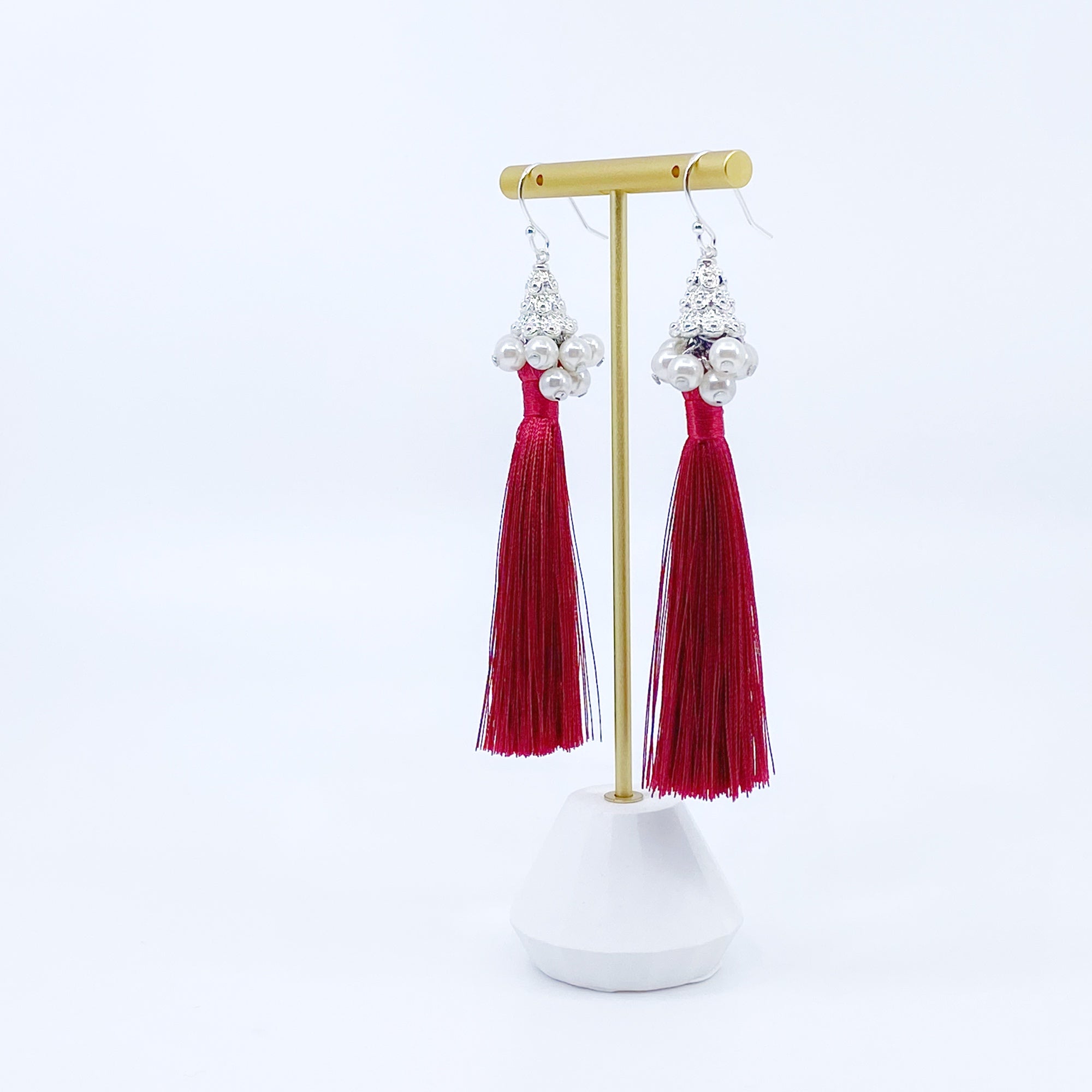 Yun Boutique Silver Red Silk Tassel Earrings Short, New Year Gift, Christmas Gift