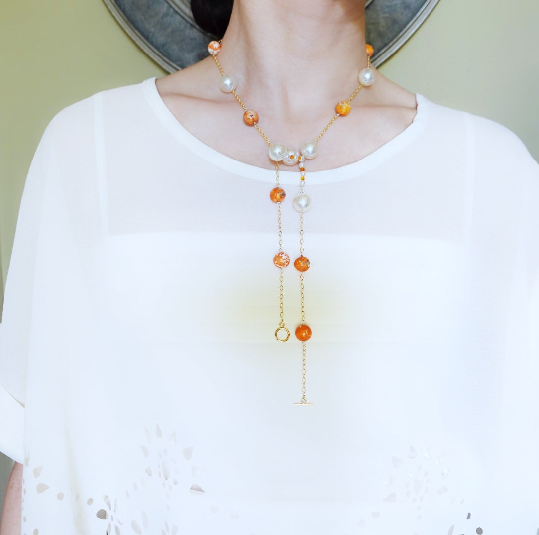 Orange Gemstone and Pearl Necklace and Earrings Set - Yun Boutique