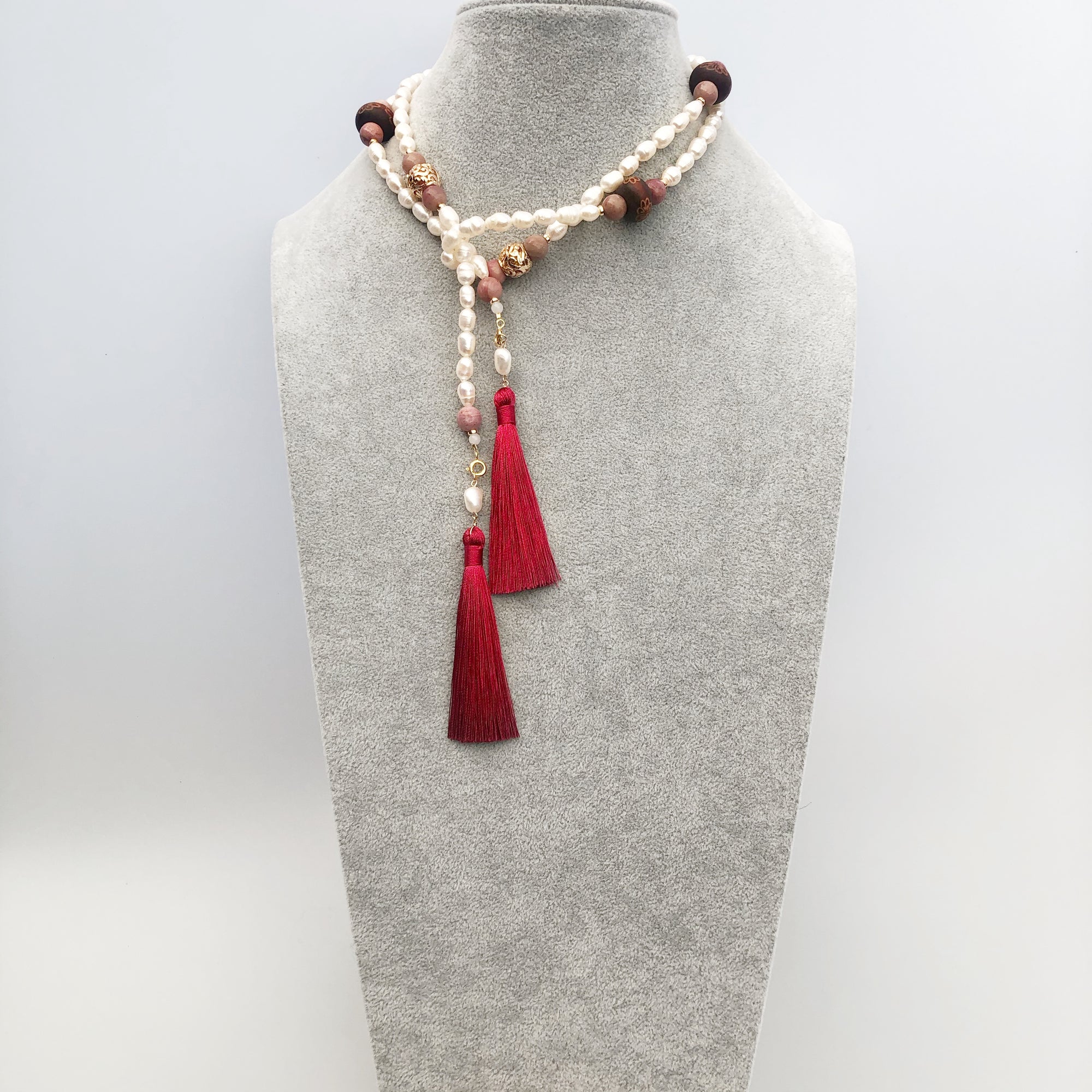 Multi-style Baroque Pearl Lariat Necklace Set with Red Tassels