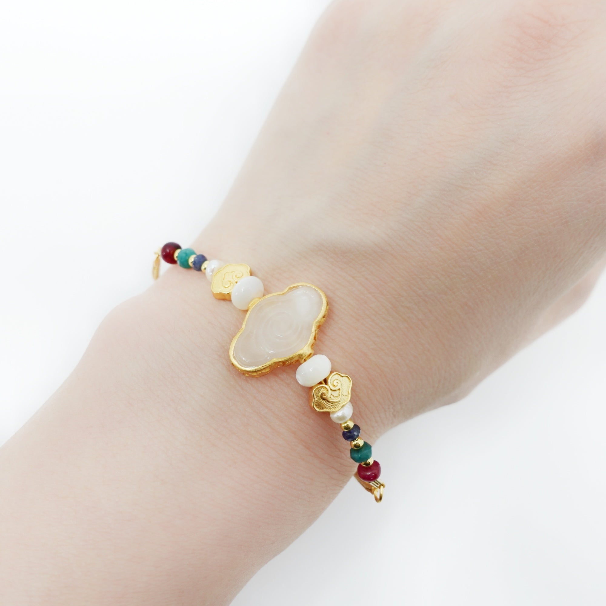 Vermeil Auspicious Clouds White Jade and Gemstone Bracelet - Yun Boutique