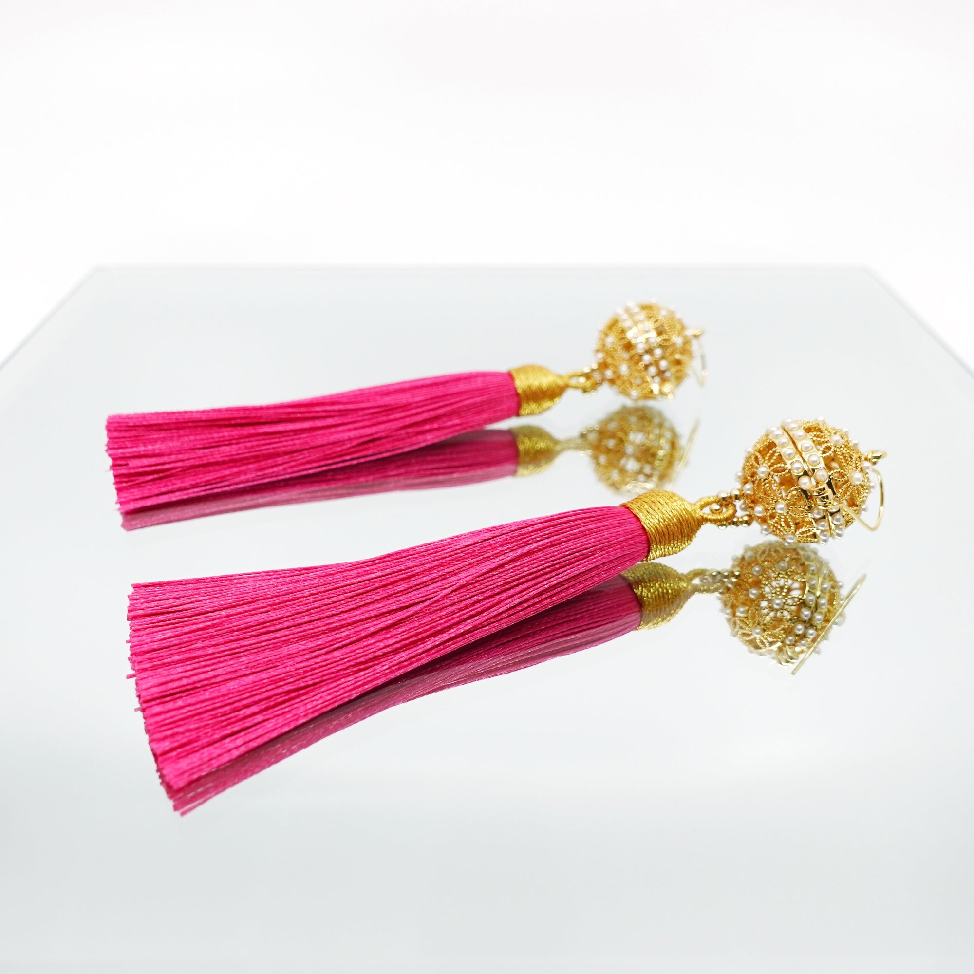 Herbal Locket Silk Tassel Earrings - Deep Pink - Yun Boutique