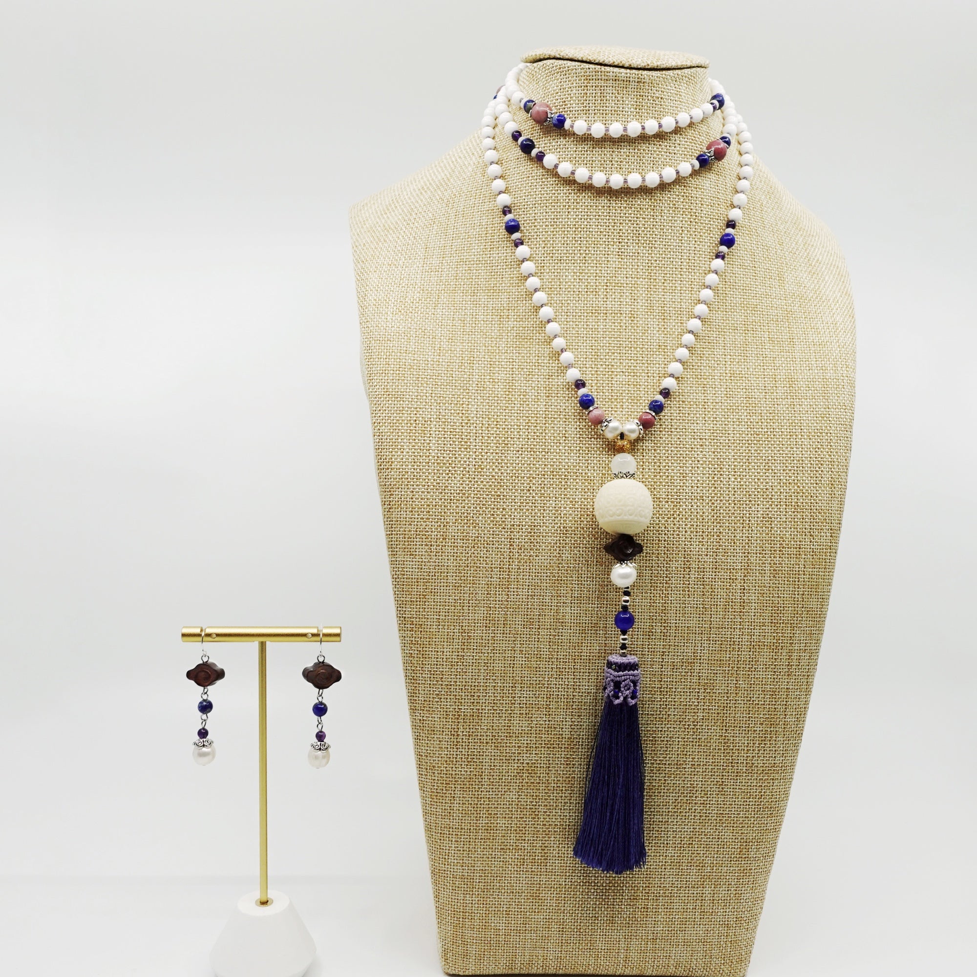 Beaded Tridacna and Amethyst Necklace with Blue Silk Tassel - Yun Boutique