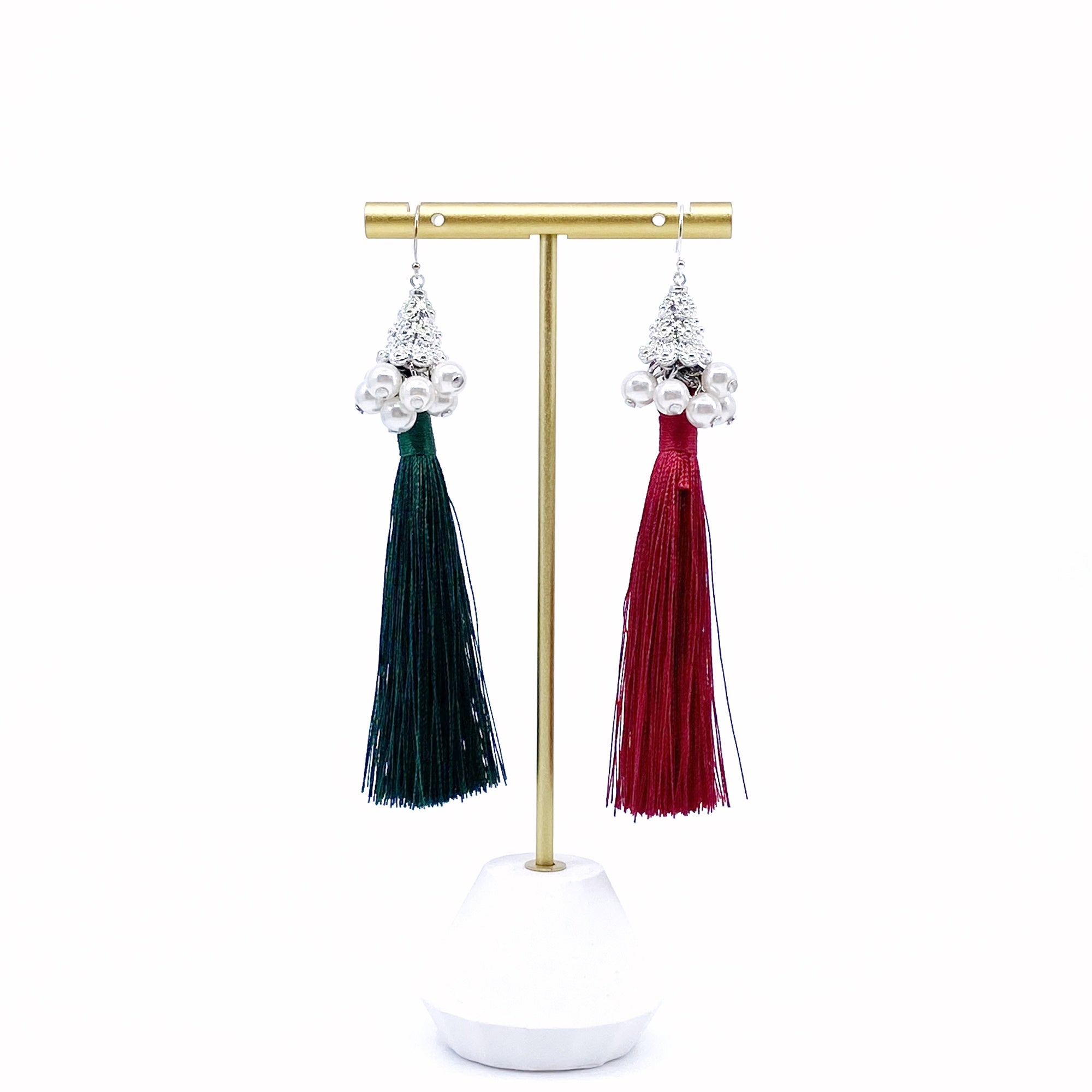 Yun Boutique Silver Asymmetrical Earrings with Red and Green Silk Tassel, Christmas Gift, New Year Gift