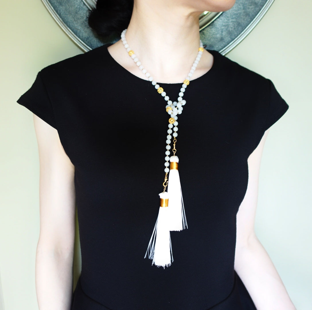 Yun Boutique Return to Origin 6mm Beaded Moonstone Lariat Necklace Set, Multiple styles with Silk Tassels