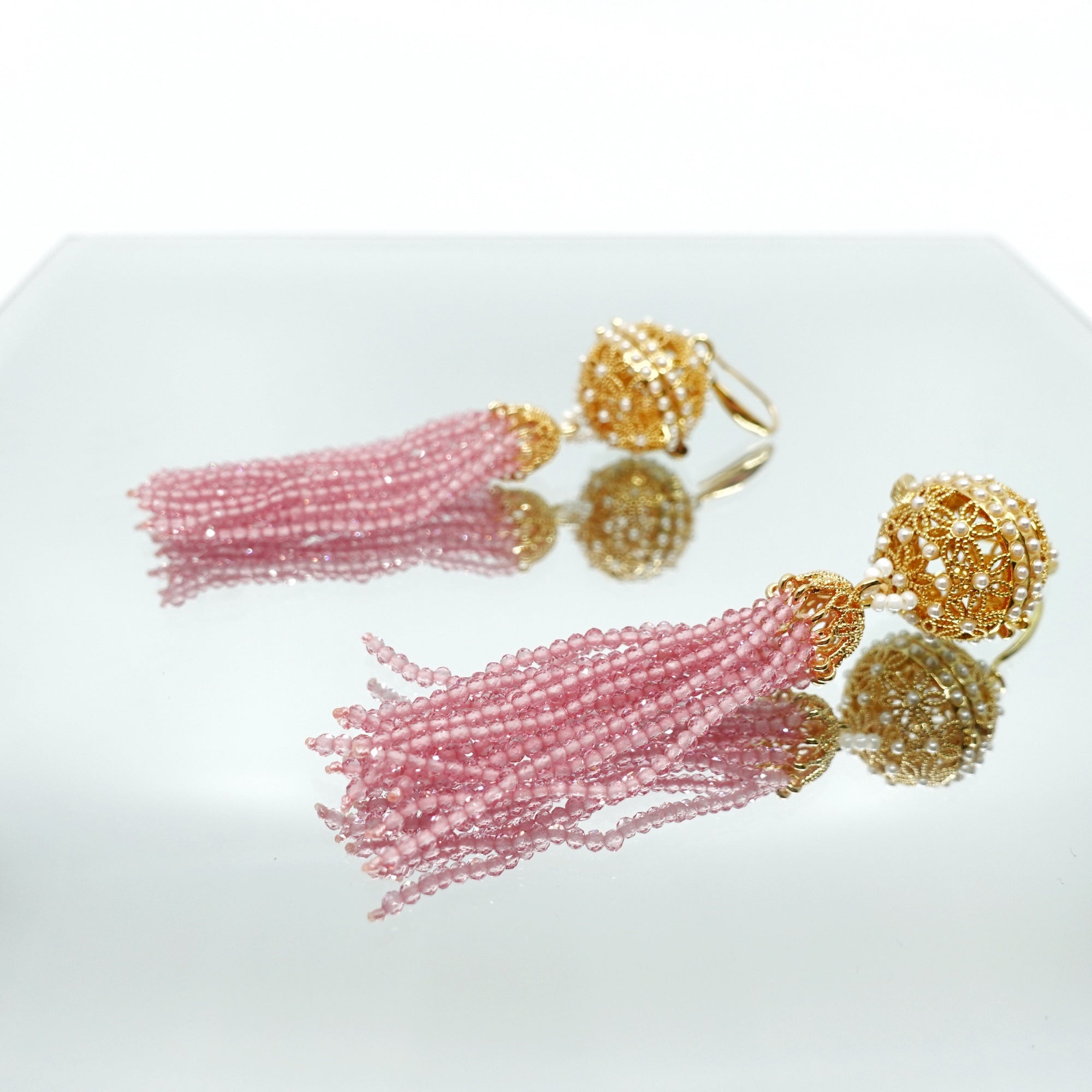 Herbal Locket Crystal Tassel Earrings - Pink Zirconia - Yun Boutique