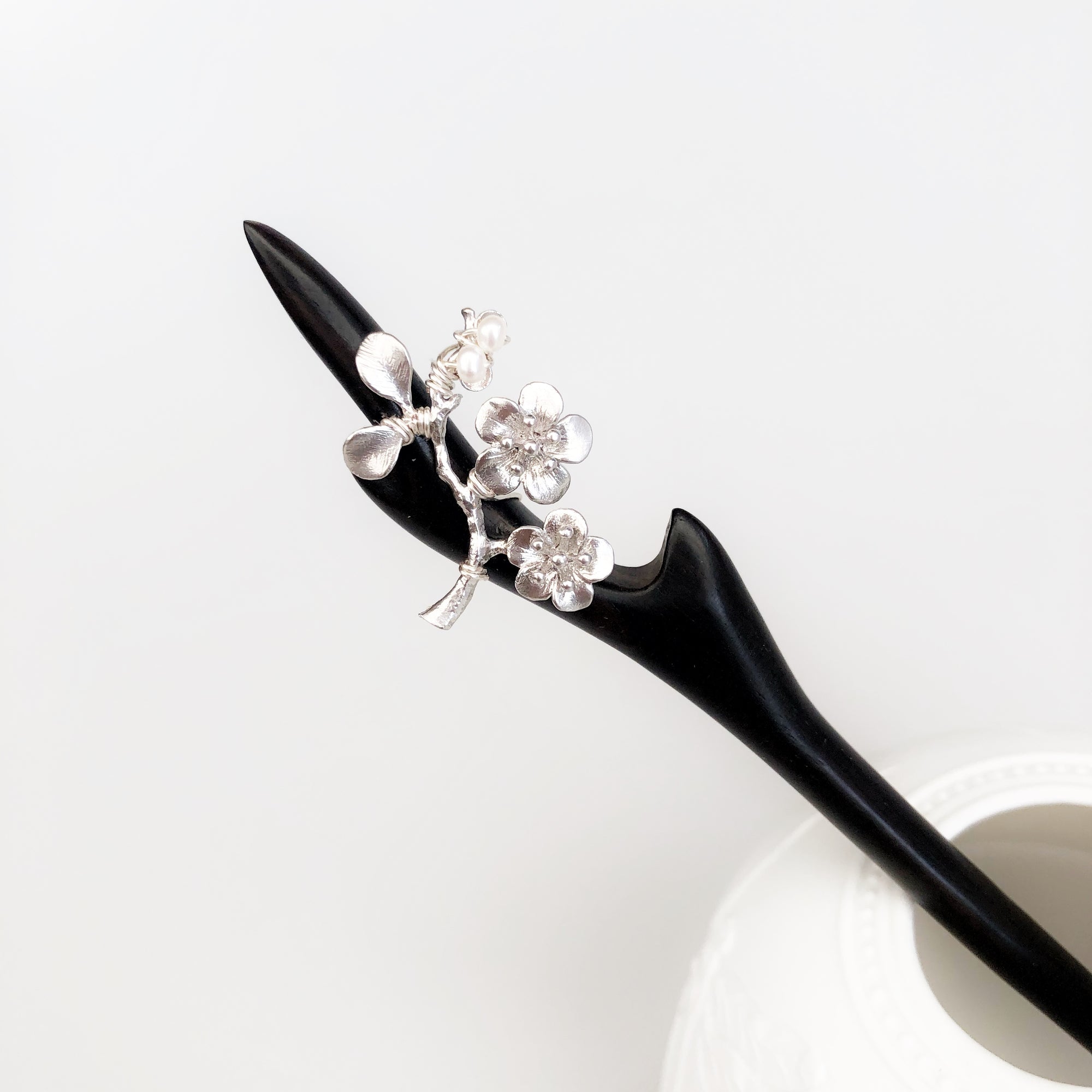 Silver Plum Blossom Wood Hair Stick