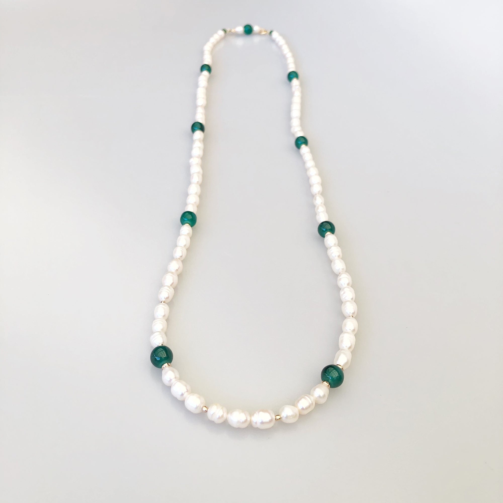 Yun Boutique Beaded Pearl Lariat Necklace Set with Green Tassels