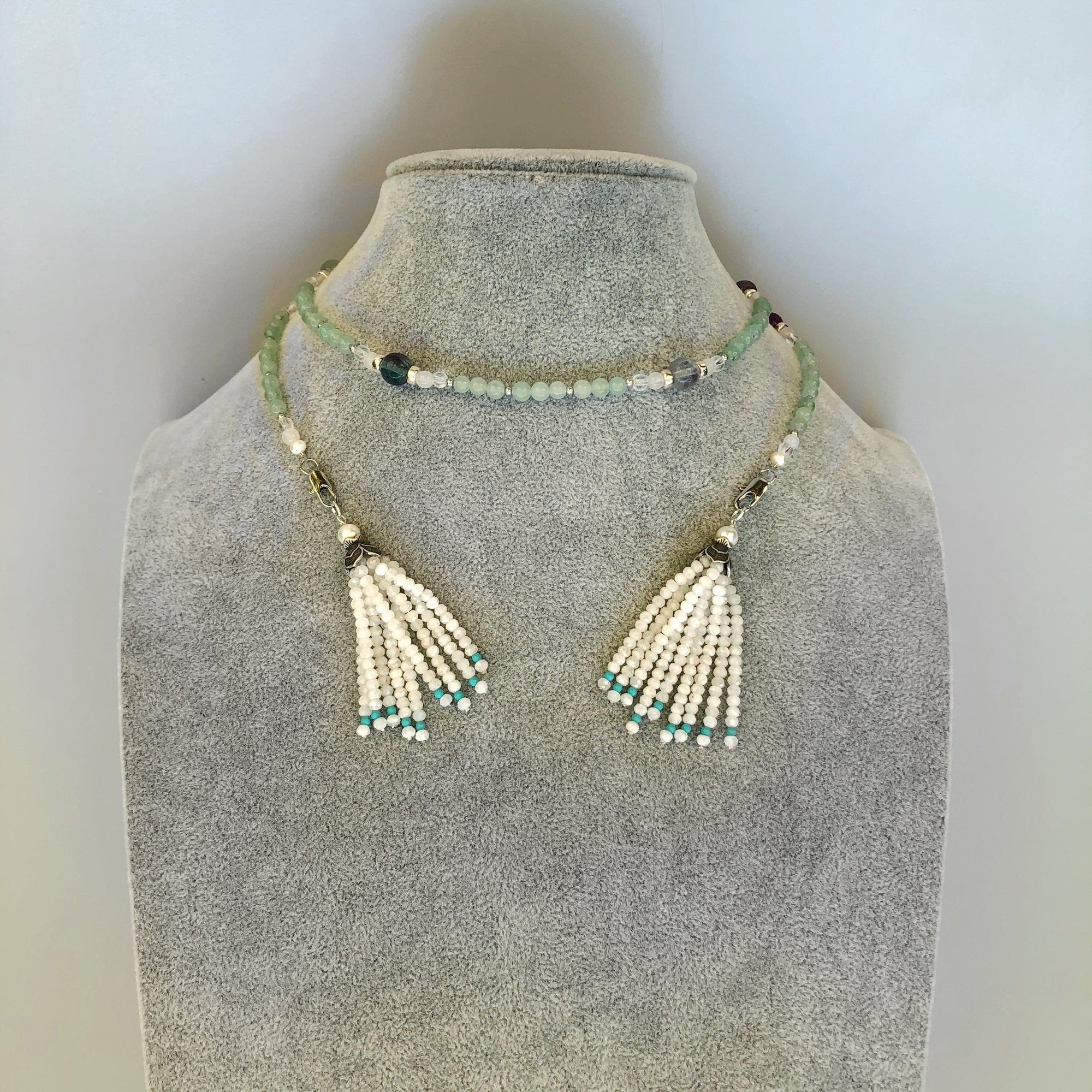 Multi-style Aventurine Lariat Necklace Set with Moonstone Tassels - Yun Boutique