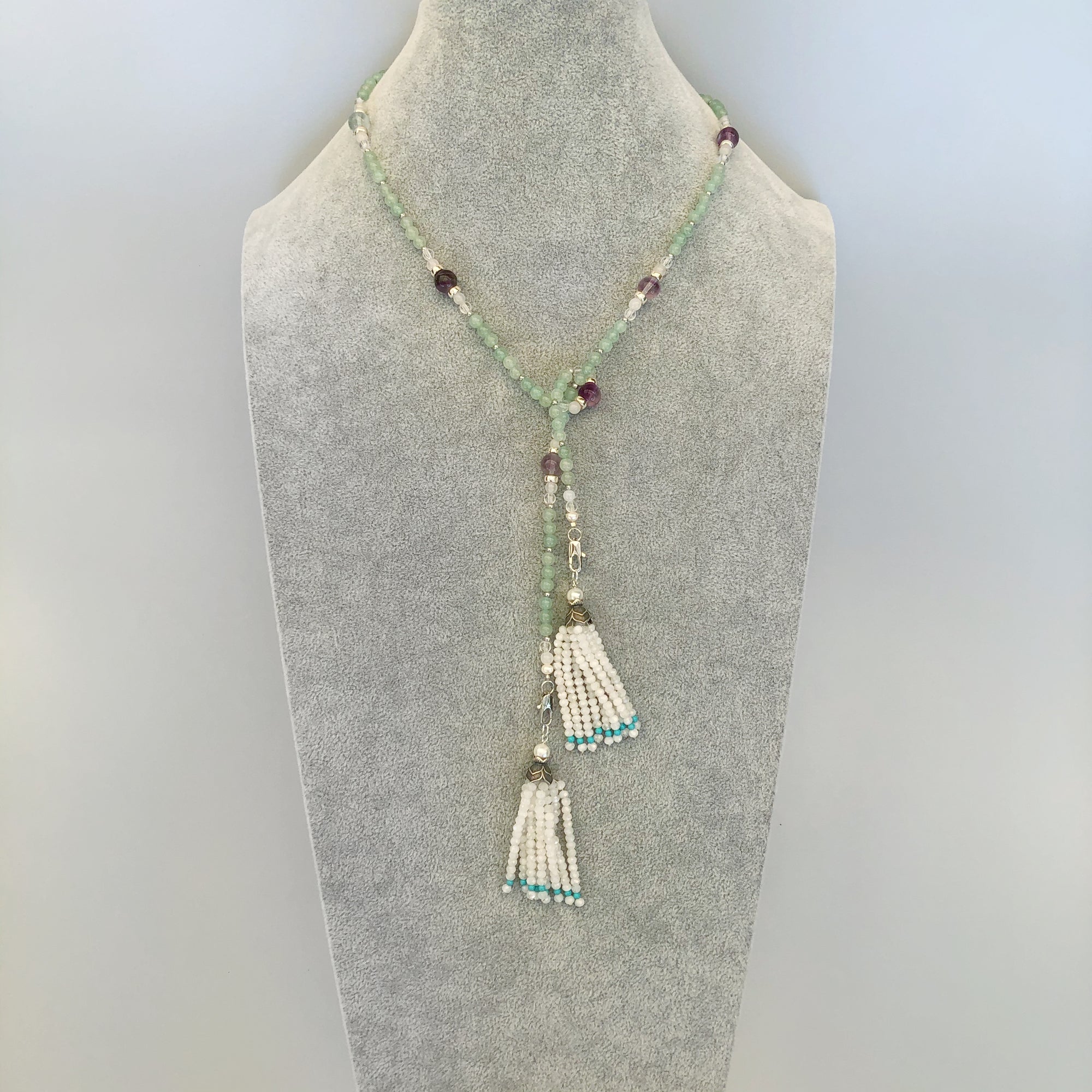 Multi-style Aventurine Lariat Necklace Set with Moonstone Tassels - Yun Boutique