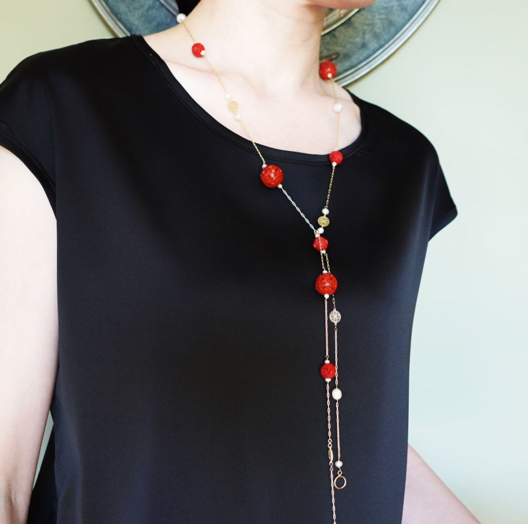 The Nine Cinnabar Necklace and Earrings Set - Yun Boutique