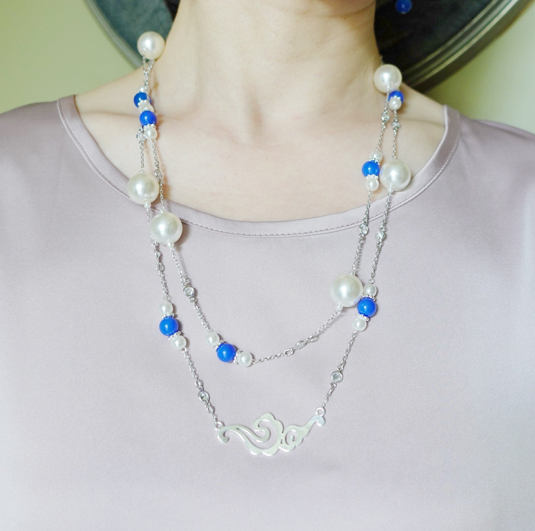 Yun Boutique The Nine Blue Stone and Pearl Long Necklace and Earrings Set