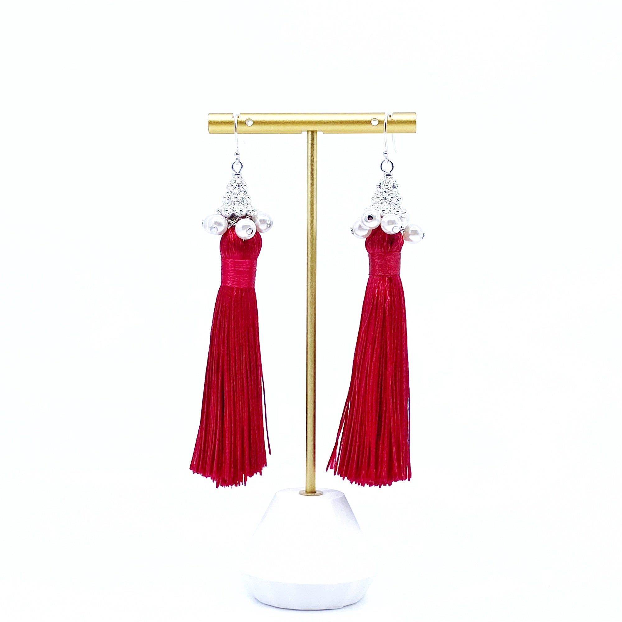 Yun Boutique Silver Red Silk Tassel Earrings Medium, New Year Gift, Christmas Gift