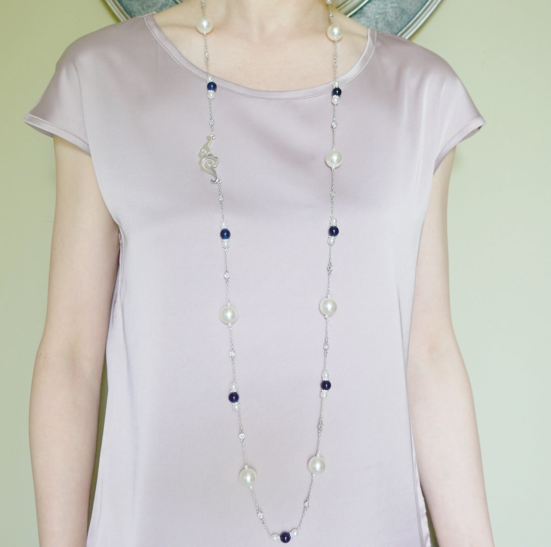 The Nine Blue Agate and Pearl Long Necklace - Yun Boutique