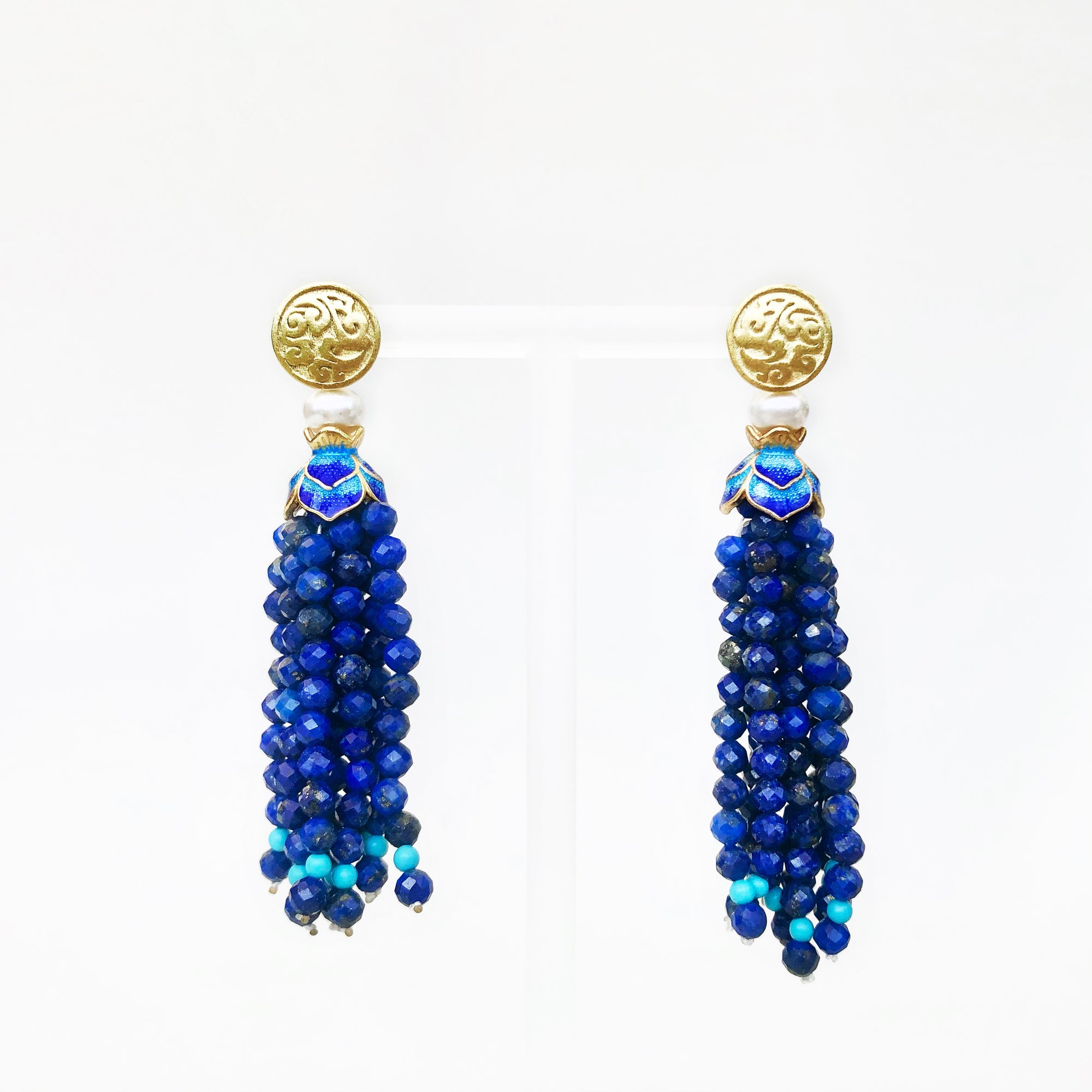 Lapis Lotus Tassels Lariat Necklace and Earrings Set