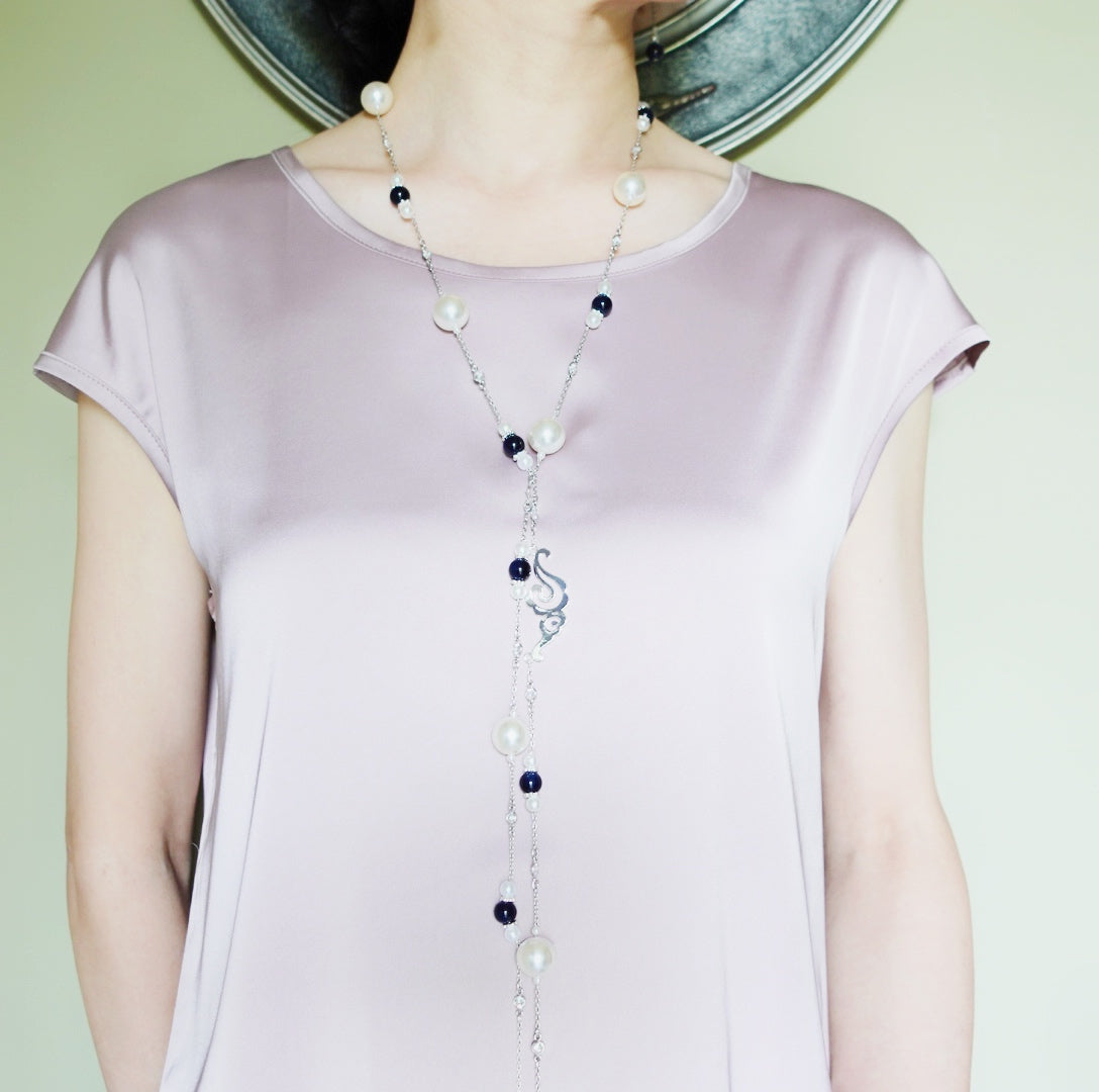 The Nine Blue Agate and Pearl Long Necklace - Yun Boutique