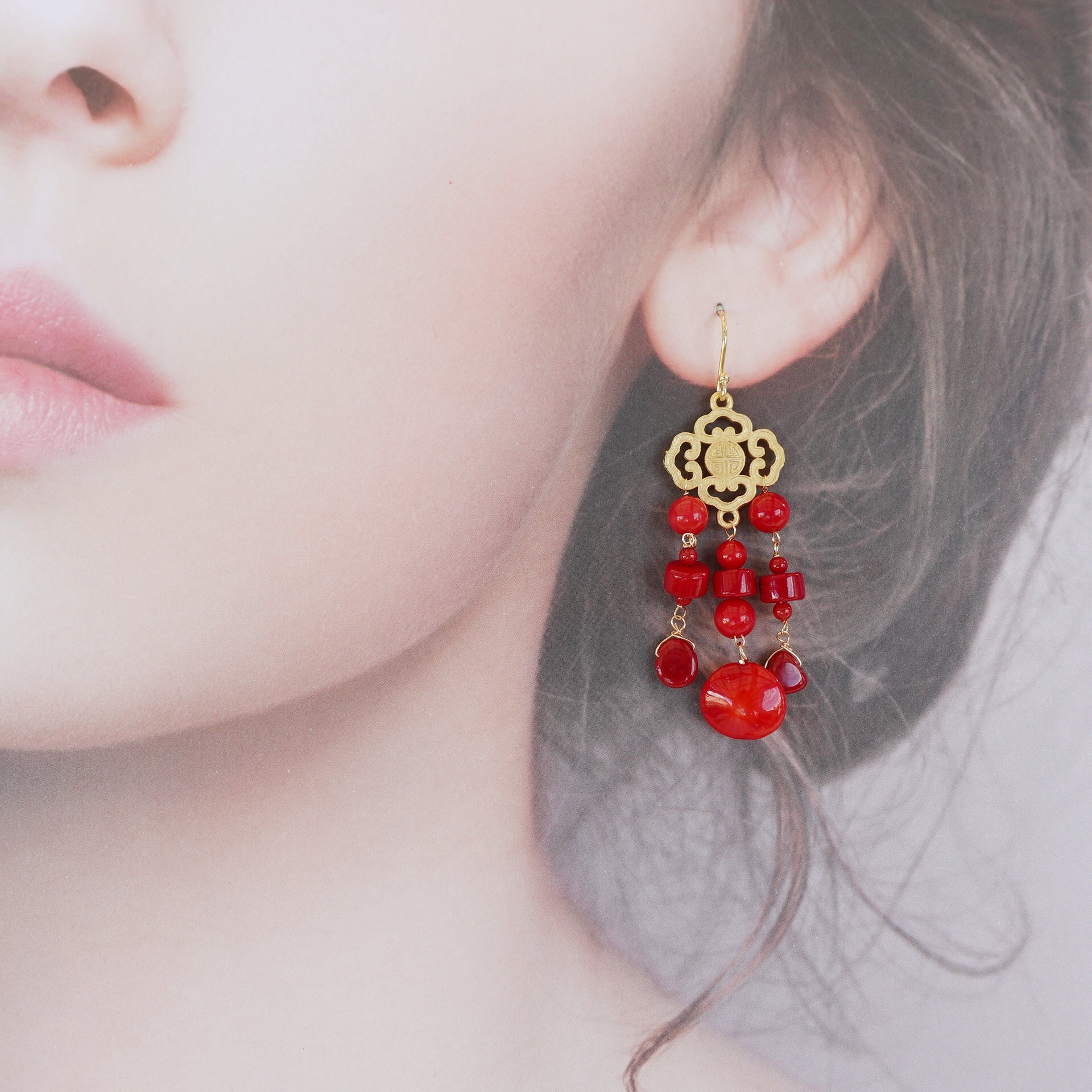 Gold Red Coral Tassel Earrings