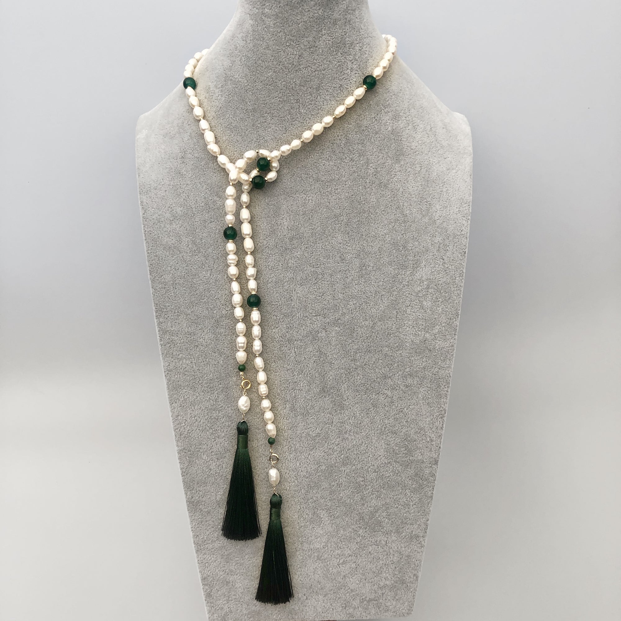 Return to Origin Beaded Pearl Lariat Necklace Set with Green Tassels - Yun Boutique