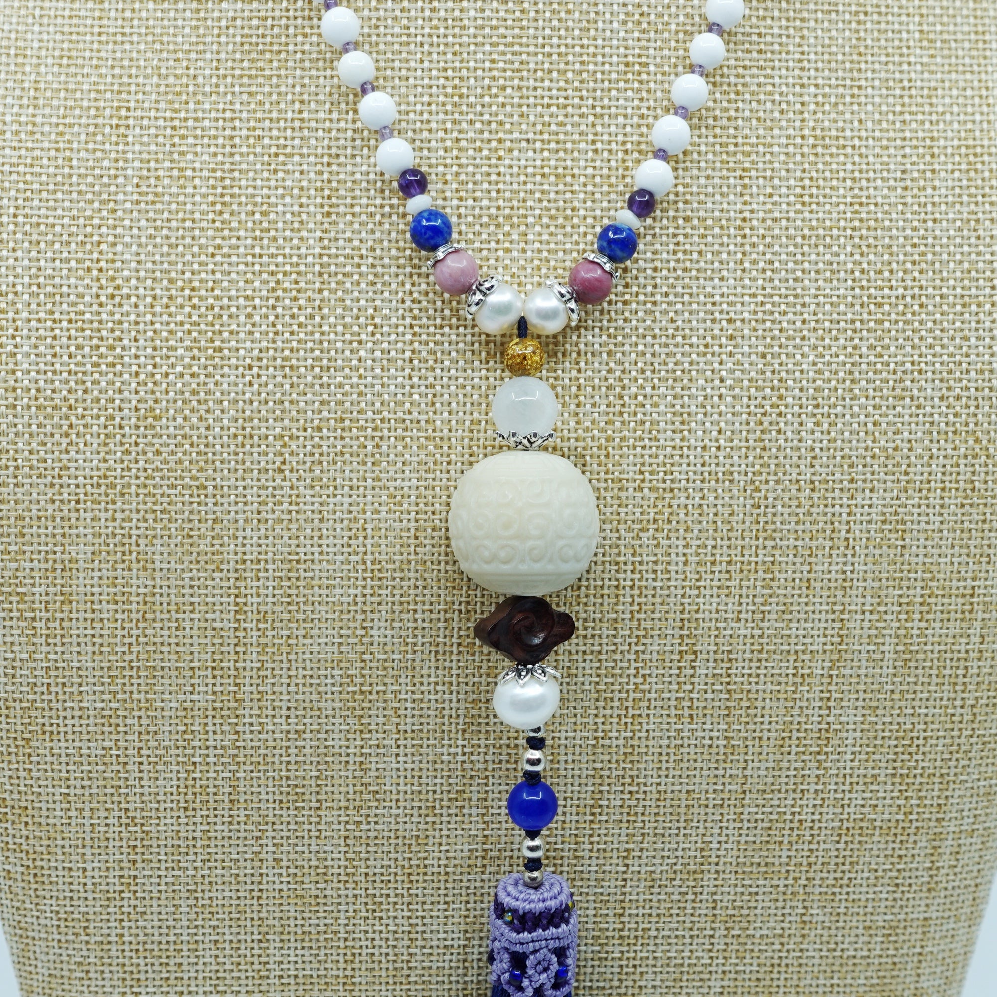 Beaded Tridacna and Amethyst Necklace with Blue Silk Tassel - Yun Boutique