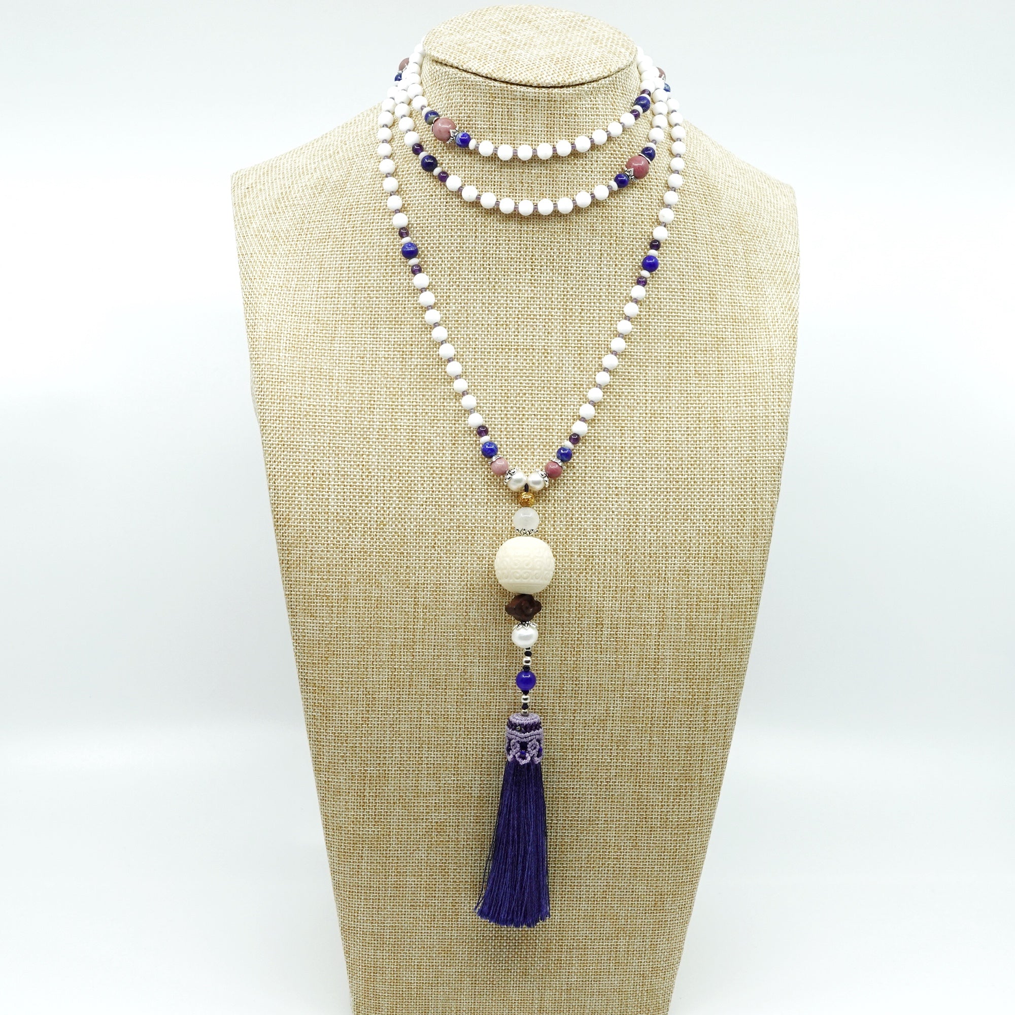 Beaded Tridacna and Amethyst Necklace with Blue Silk Tassel - Yun Boutique