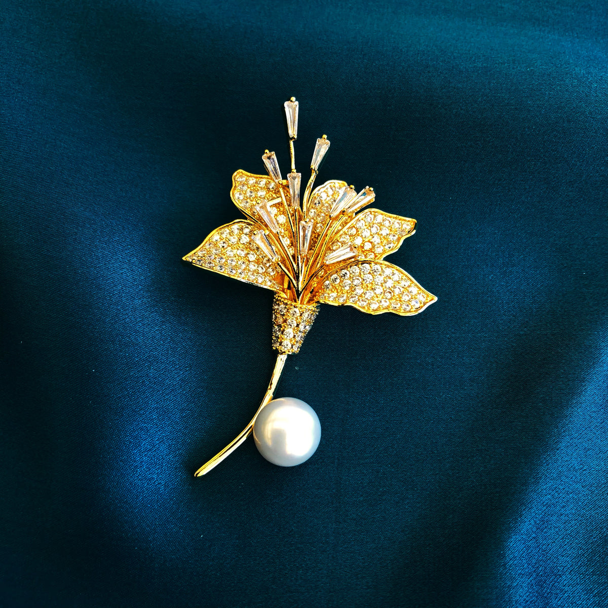 Gold Plated Lily Zircon Brooch Pendant