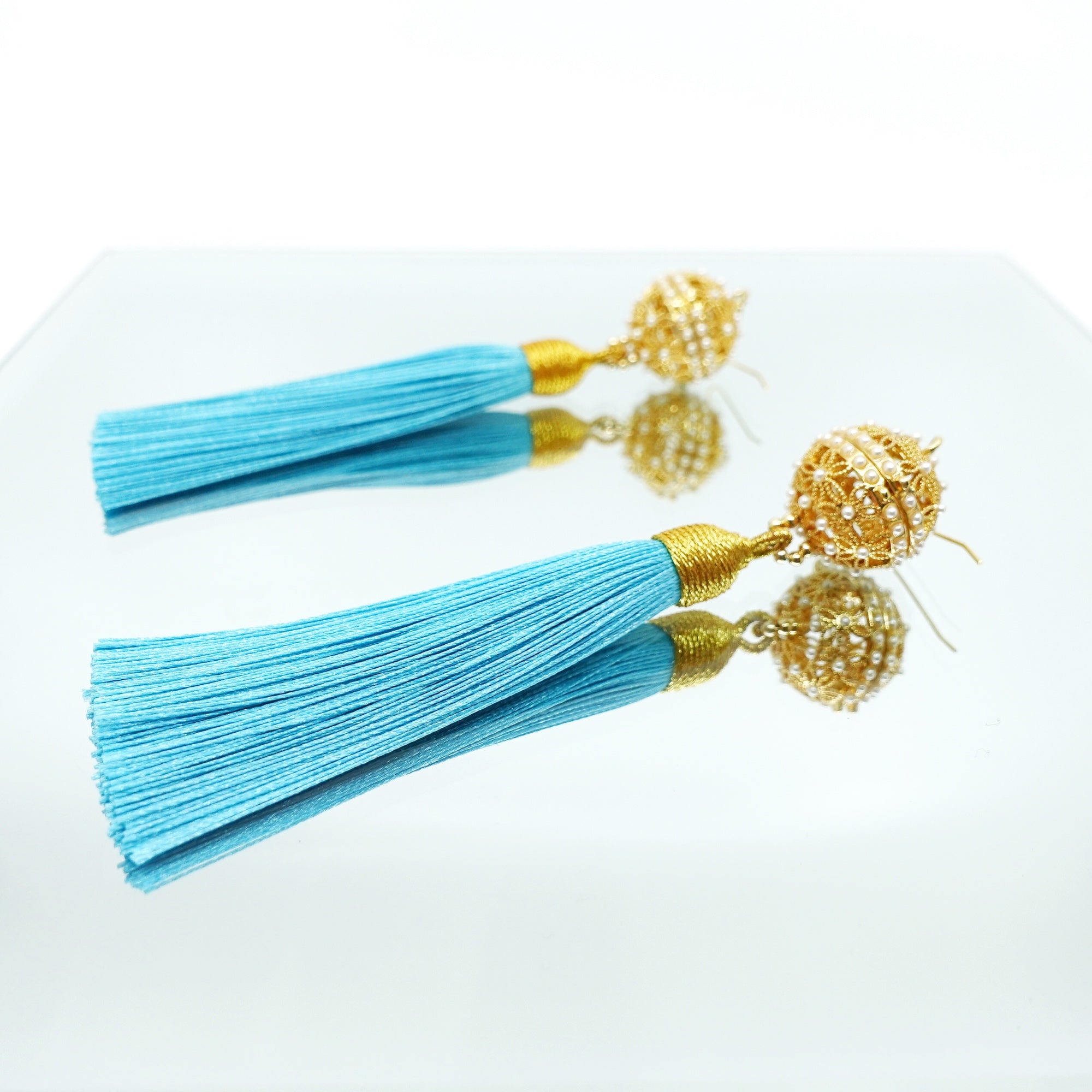 Herbal Locket Silk Tassel Earrings - Turquoise Blue - Yun Boutique