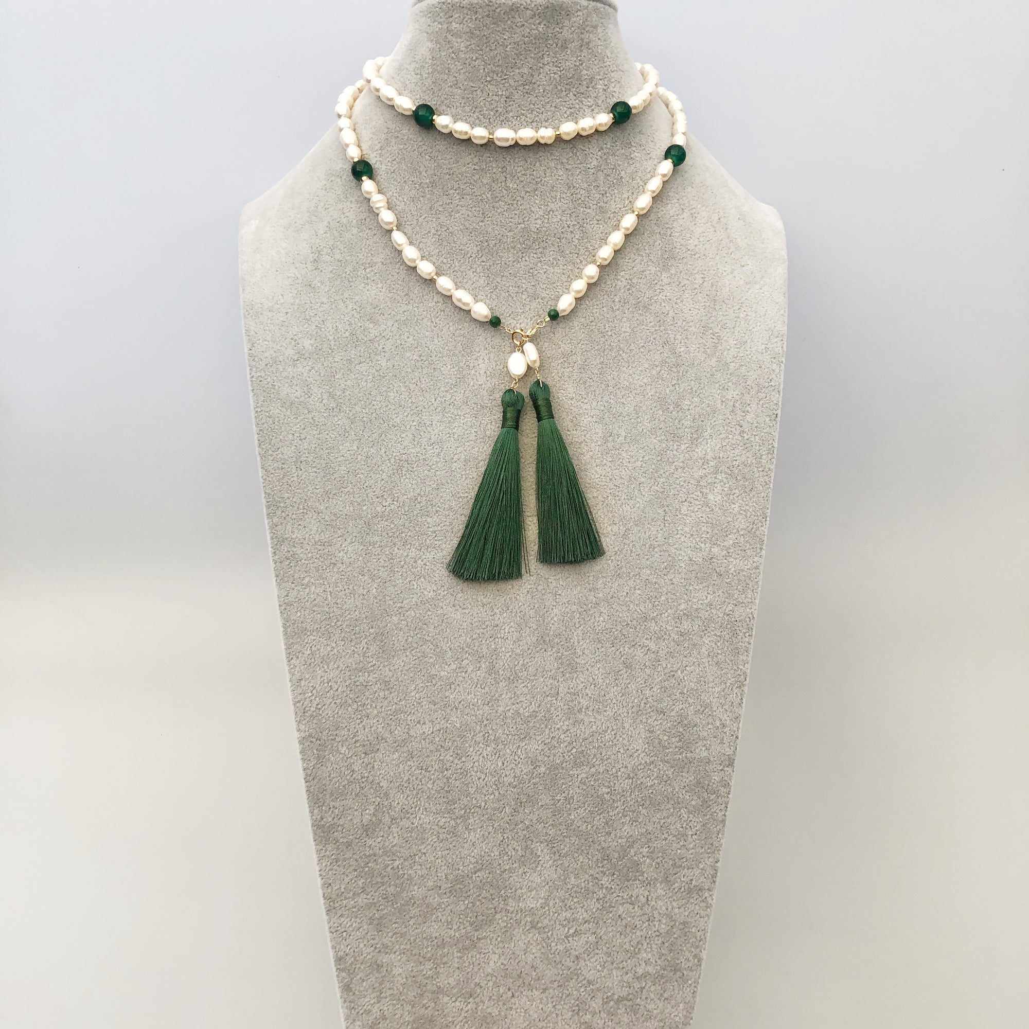 Return to Origin Beaded Pearl Lariat Necklace Set with Green Tassels - Yun Boutique