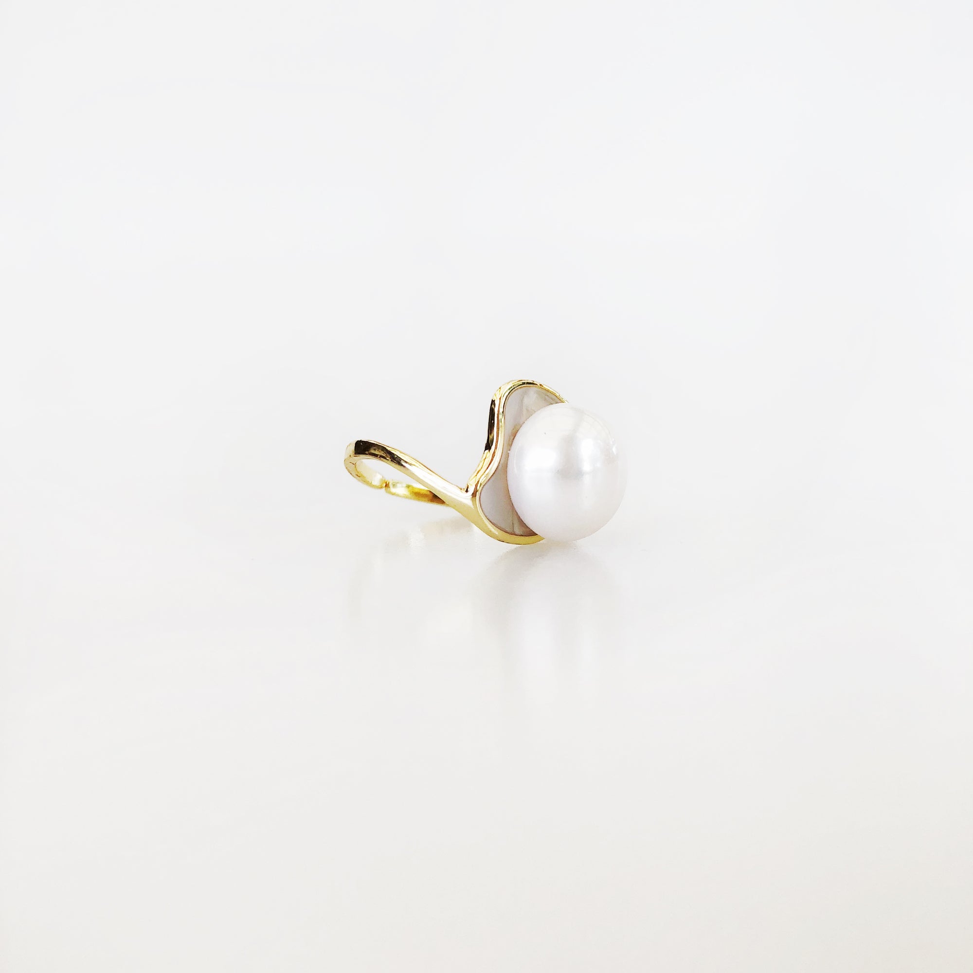 Adjustable White Enamel Pearl Ring. Asian Boutique Jewelry from New York. Gold ring for women, contemporary jewelry, gold ring, sterling silver ring, pearl ring, gold ring for women, artistic ring, adjustable ring, enamel ring, vermeil ring, asian ring, boutique ring, asian jewelry, 