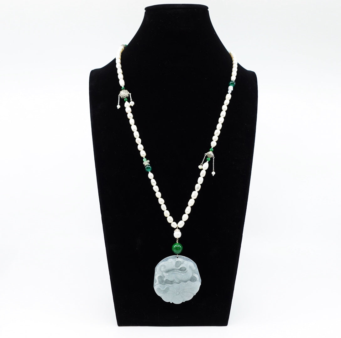 Beaded Long Pearl Necklace with Jade Pendant