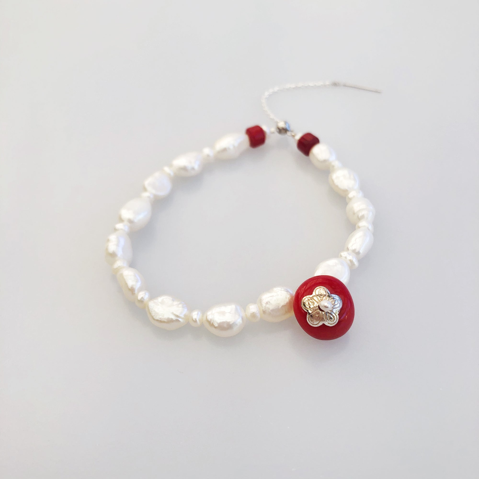 Plum Blossom Pearl and Coral Bracelet Silver