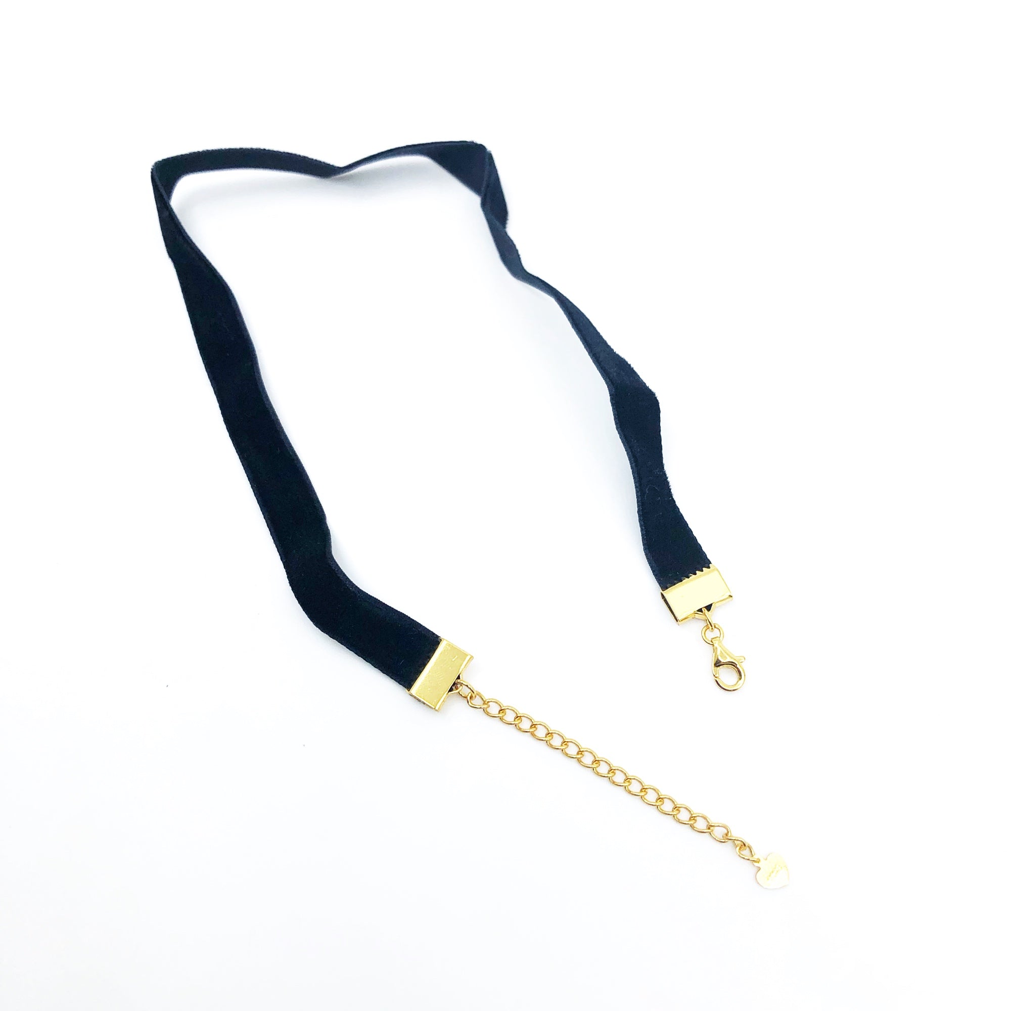 Black Velvet Choker Necklace with Gold Adjustable Sterling Silver Chain