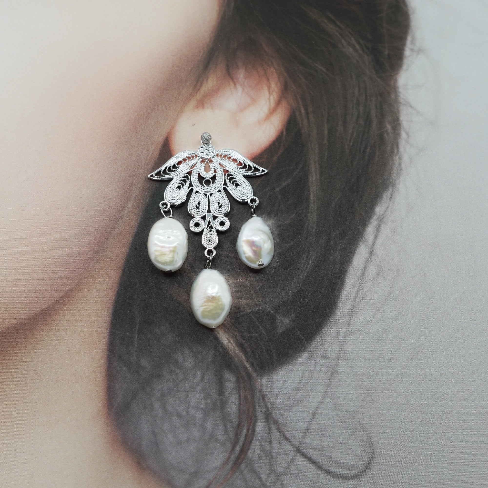 Silver Phoenix Filigree Pearl Earrings - Yun Boutique