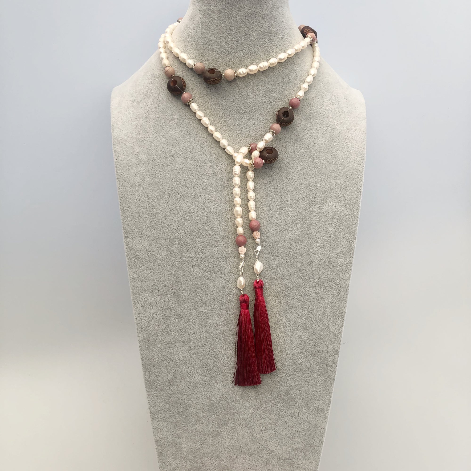 Multi-style Baroque Pearl Lariat Necklace Set with Red Tassels