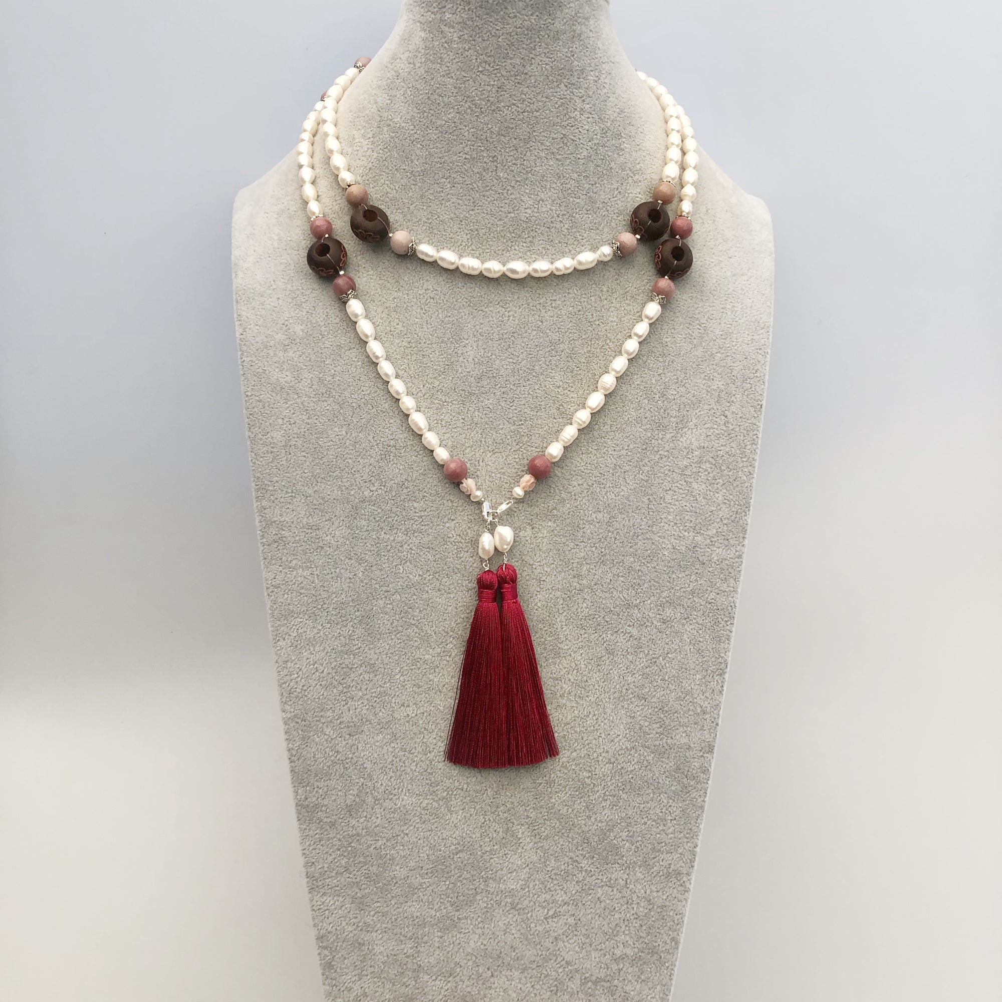 Multi-style Baroque Pearl Lariat Necklace Set with Red Tassels