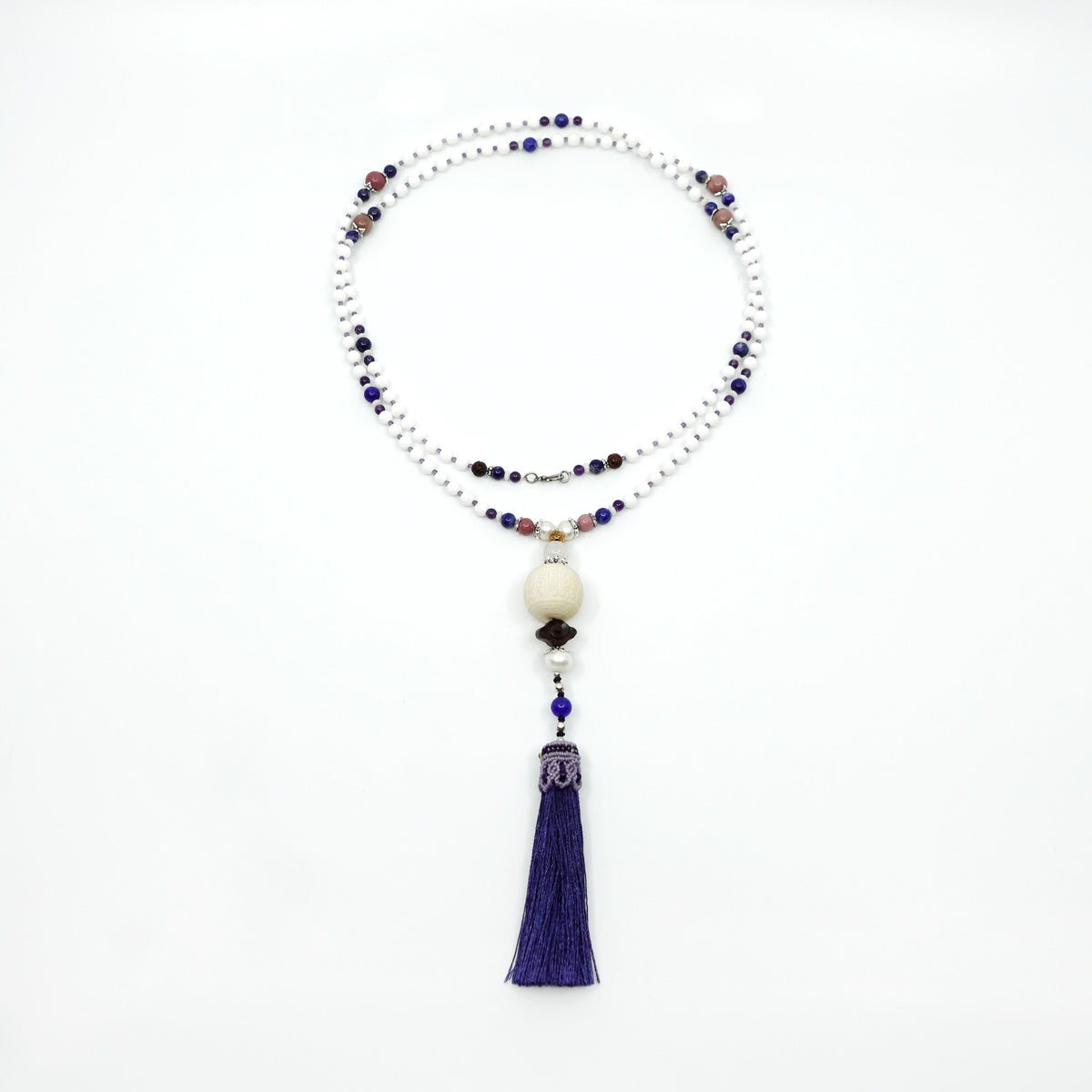 Beaded Tridacna and Amethyst Necklace with Blue Silk Tassel - Yun Boutique