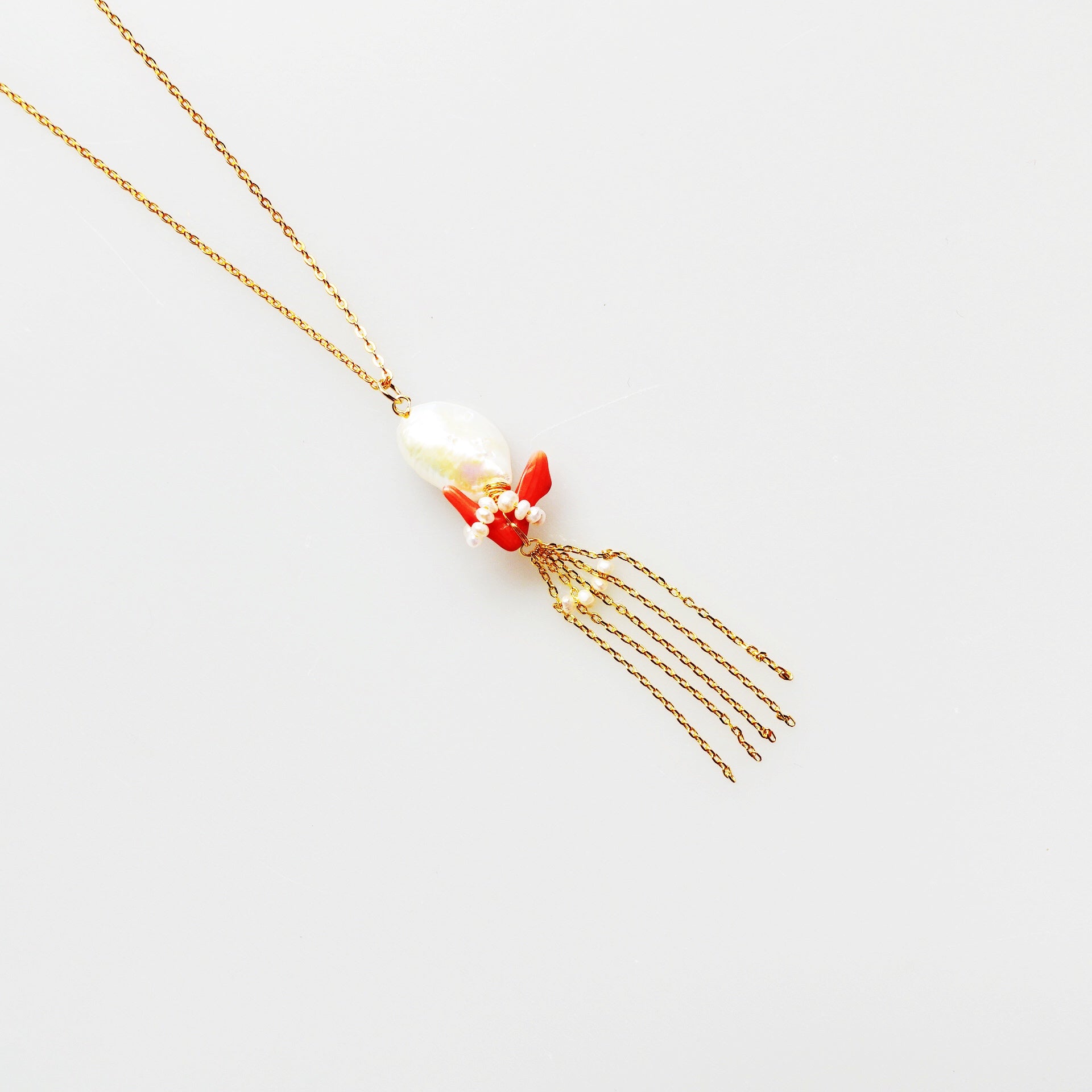 Dragon Princess Red Coral and Pearl Tassel Necklace - Yun Boutique