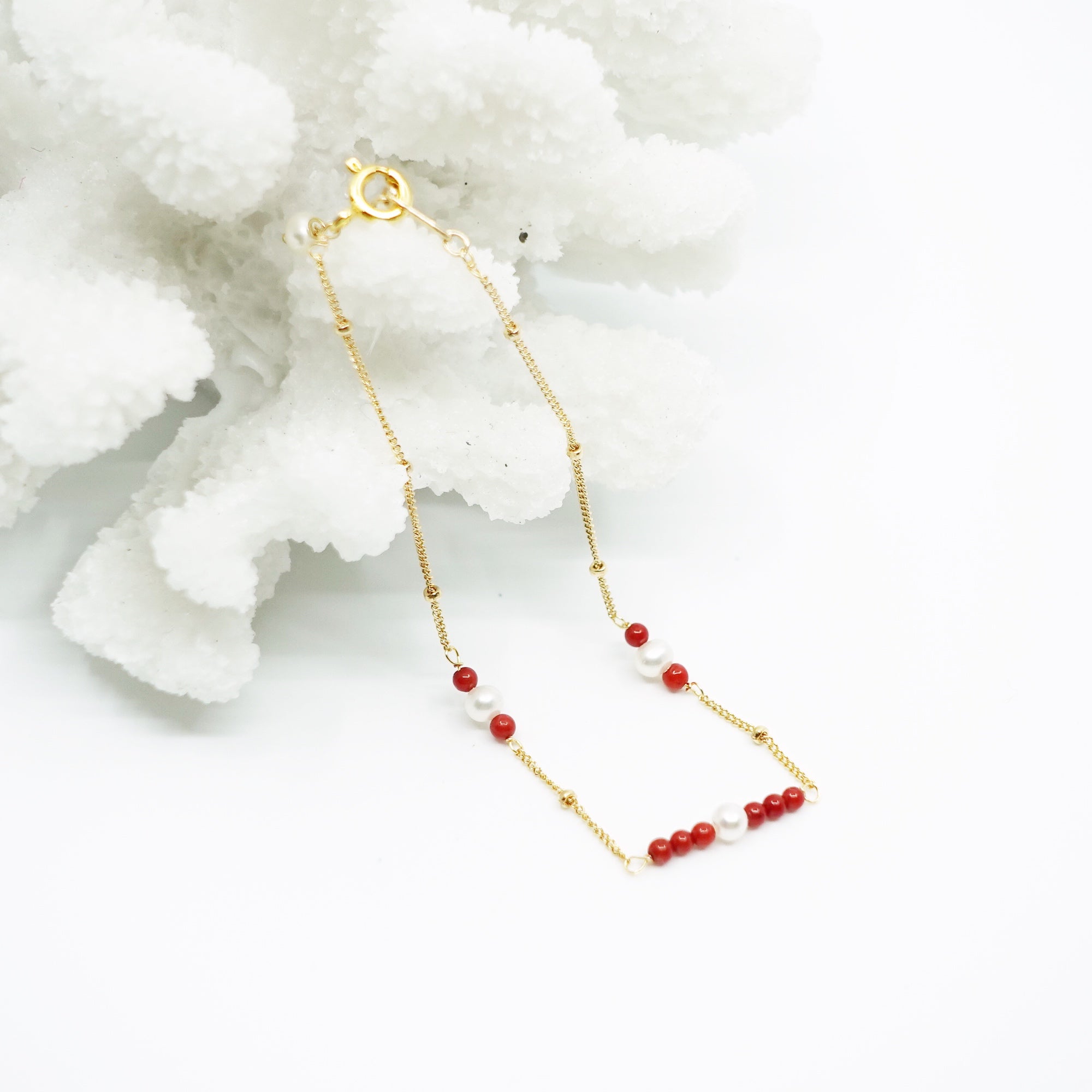 Gold Filled Red Coral and Seed Pearl Bracelet - Yun Boutique