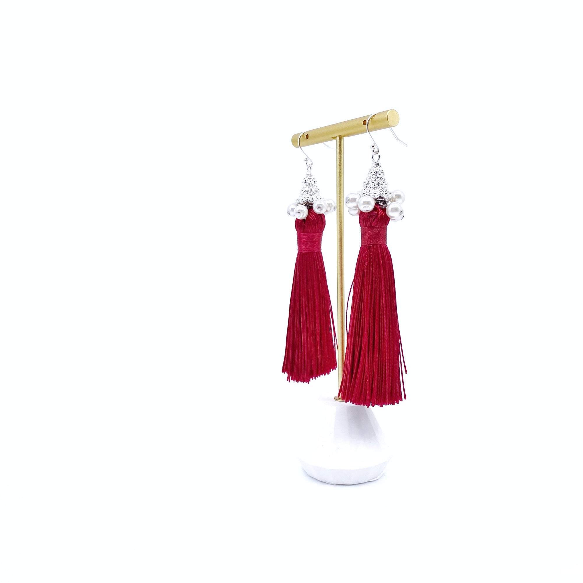 Yun Boutique Silver Red Silk Tassel Earrings Medium, New Year Gift, Christmas Gift