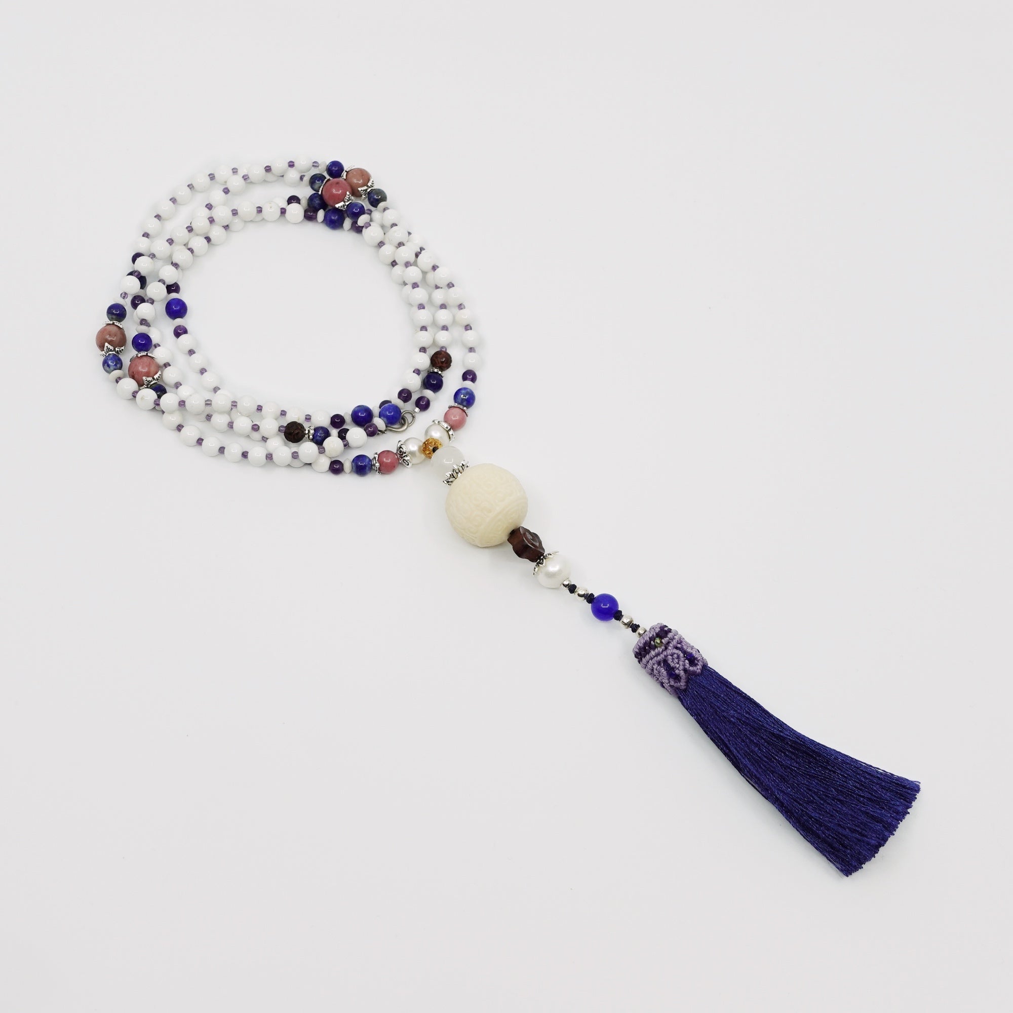 Beaded Tridacna and Amethyst Necklace with Blue Silk Tassel - Yun Boutique