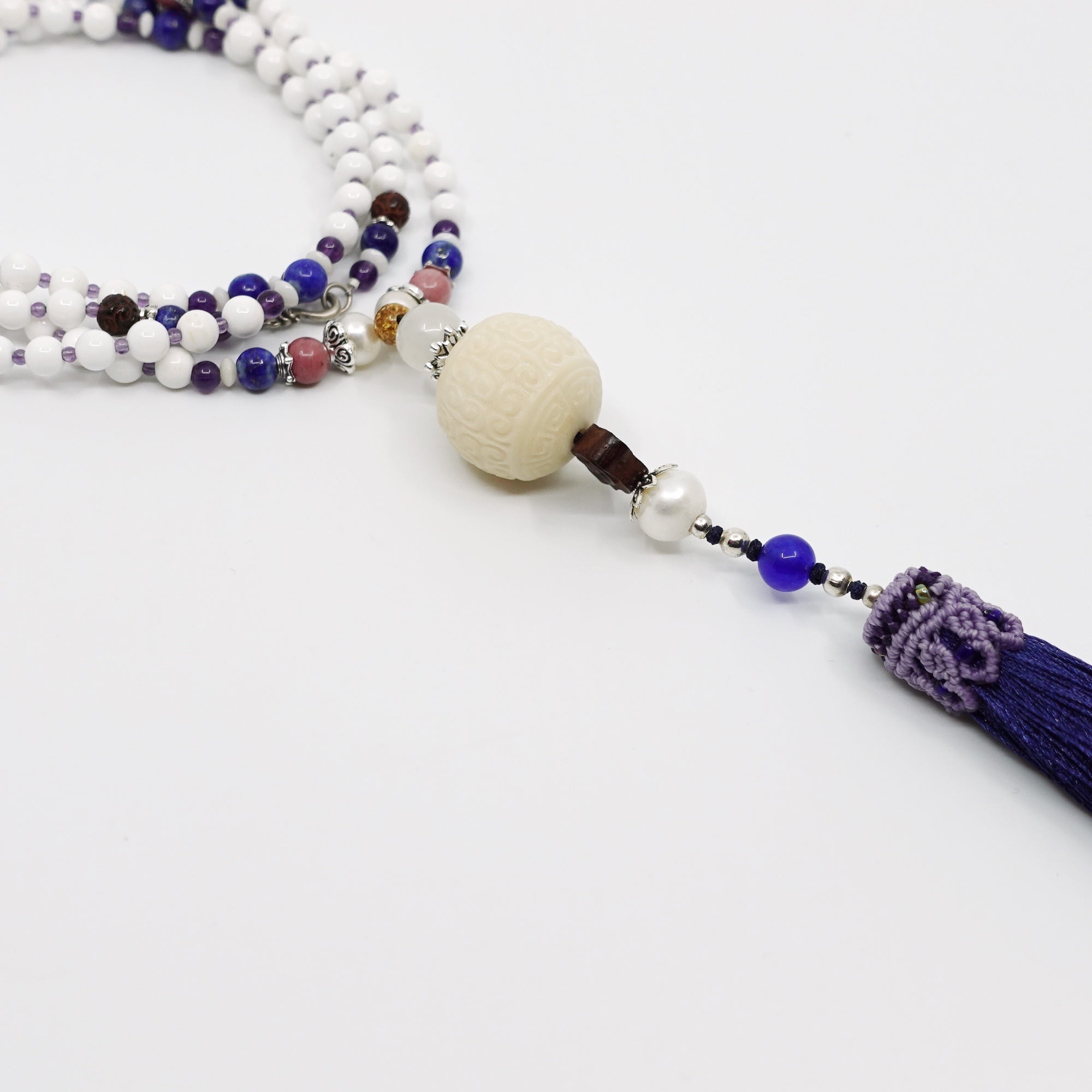 Beaded Tridacna and Amethyst Necklace with Blue Silk Tassel - Yun Boutique