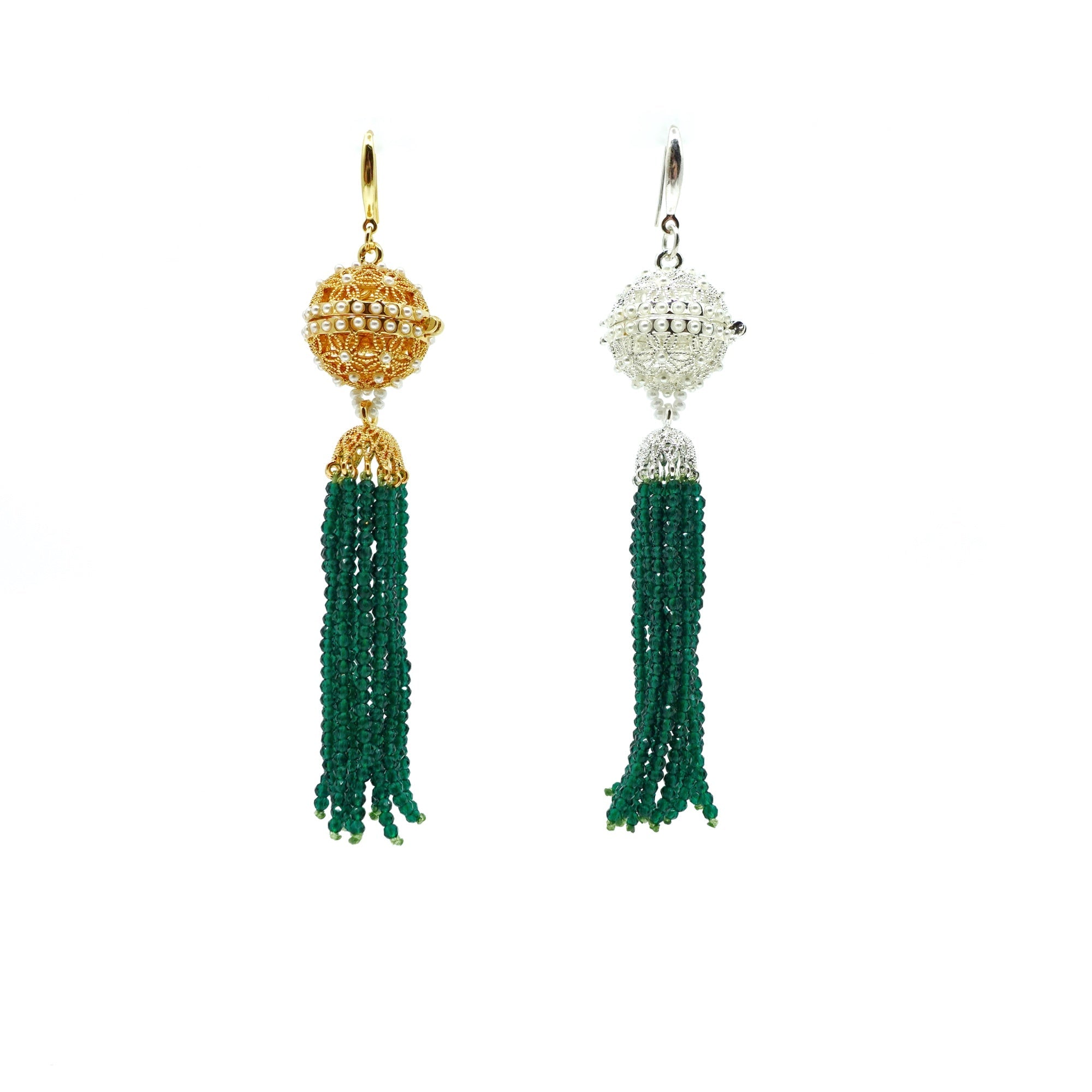 Herbal Locket Crystal Tassel Earrings - Emerald Zirconia - Yun Boutique