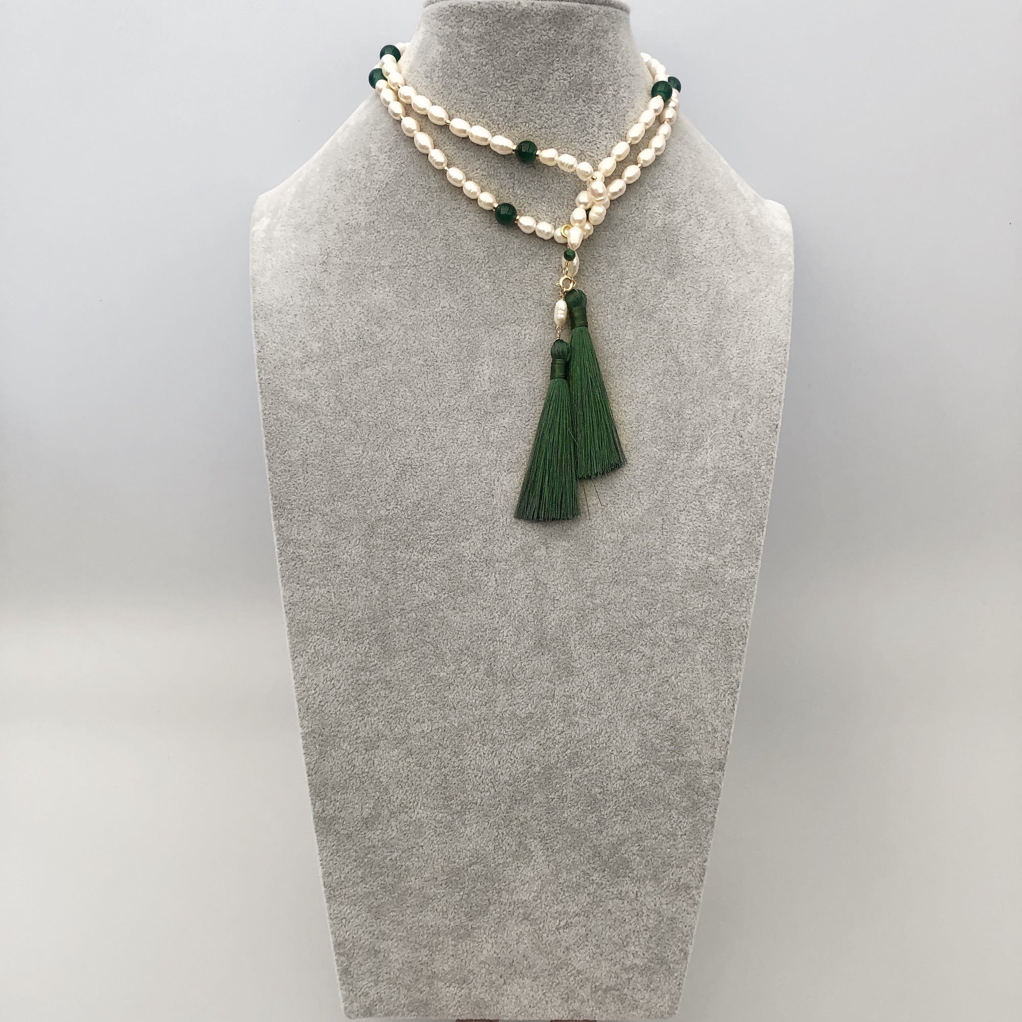 Return to Origin Beaded Pearl Lariat Necklace Set with Green Tassels - Yun Boutique