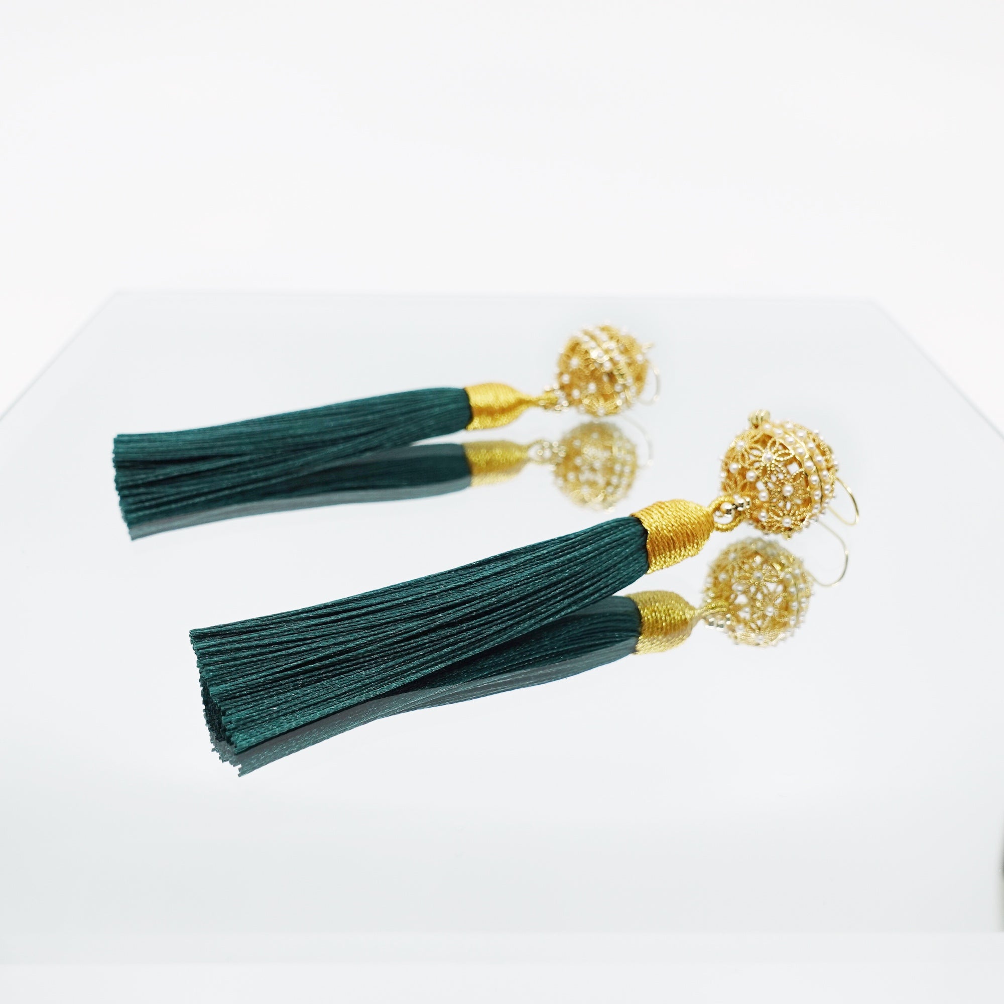 Herbal Locket Silk Tassel Earrings - Deep Green - Yun Boutique