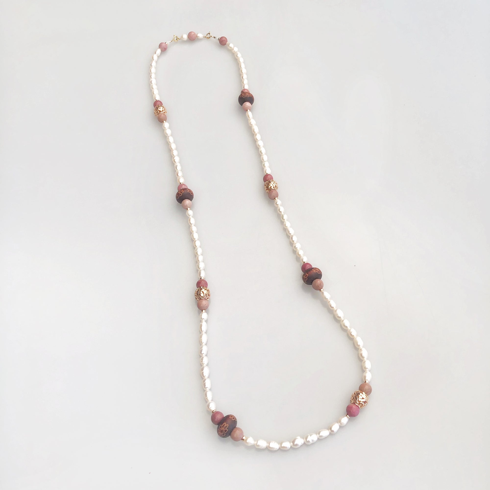 Return to Origin Beaded Wood and Pearl Necklace