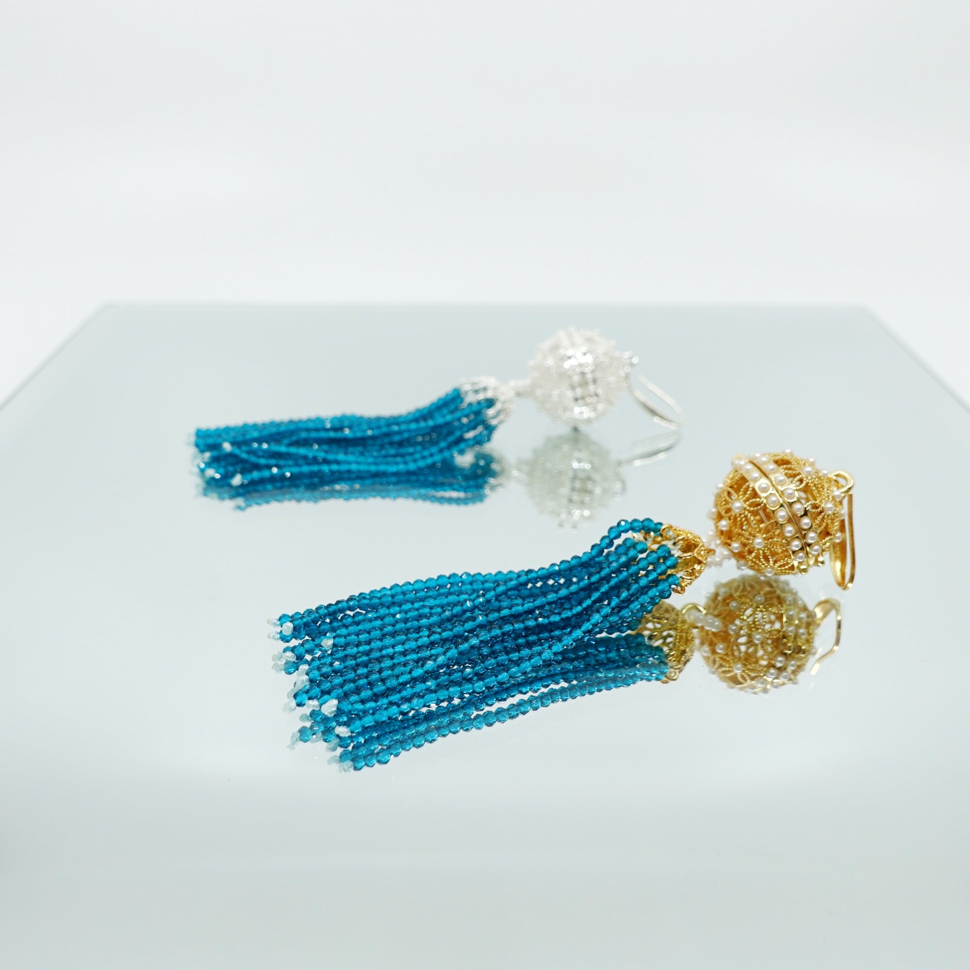 Herbal Locket Crystal Tassel Earrings - Peacock Blue Zirconia - Yun Boutique