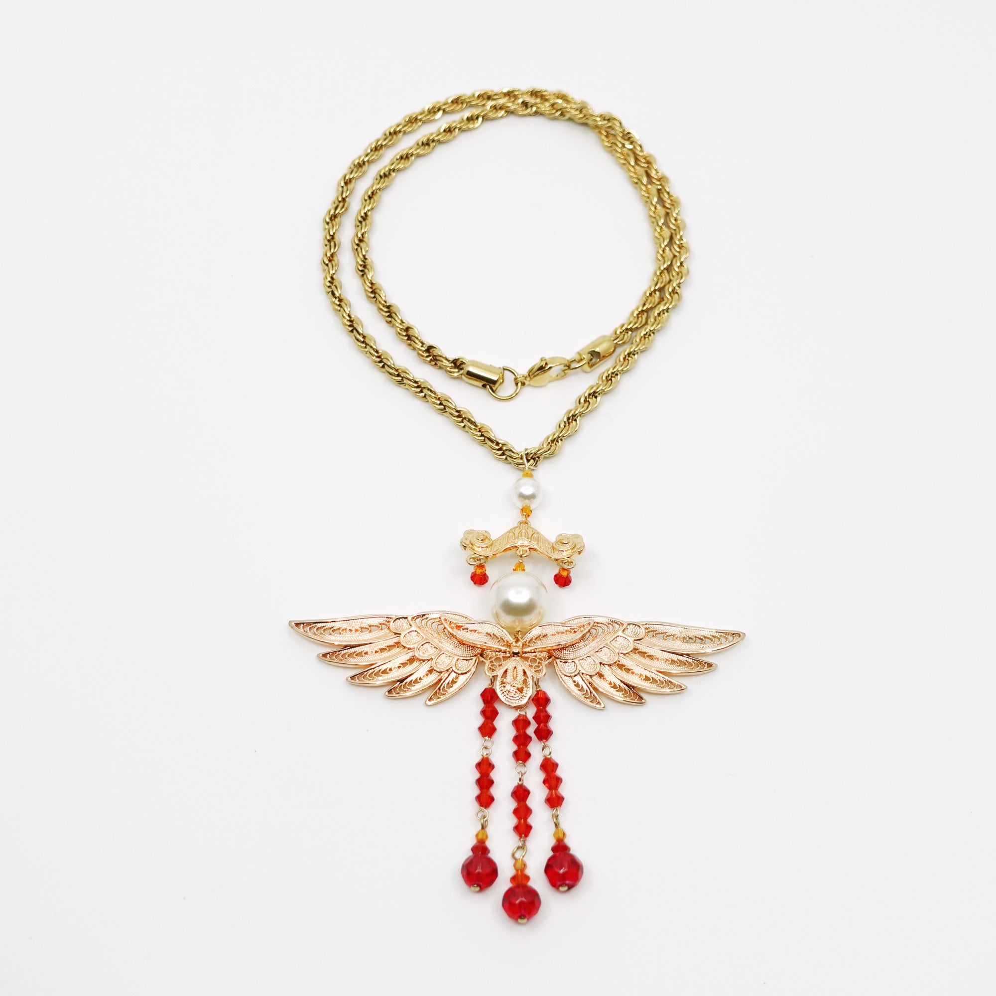 Gold Phoenix Wing Red Tassel Necklace - Yun Boutique