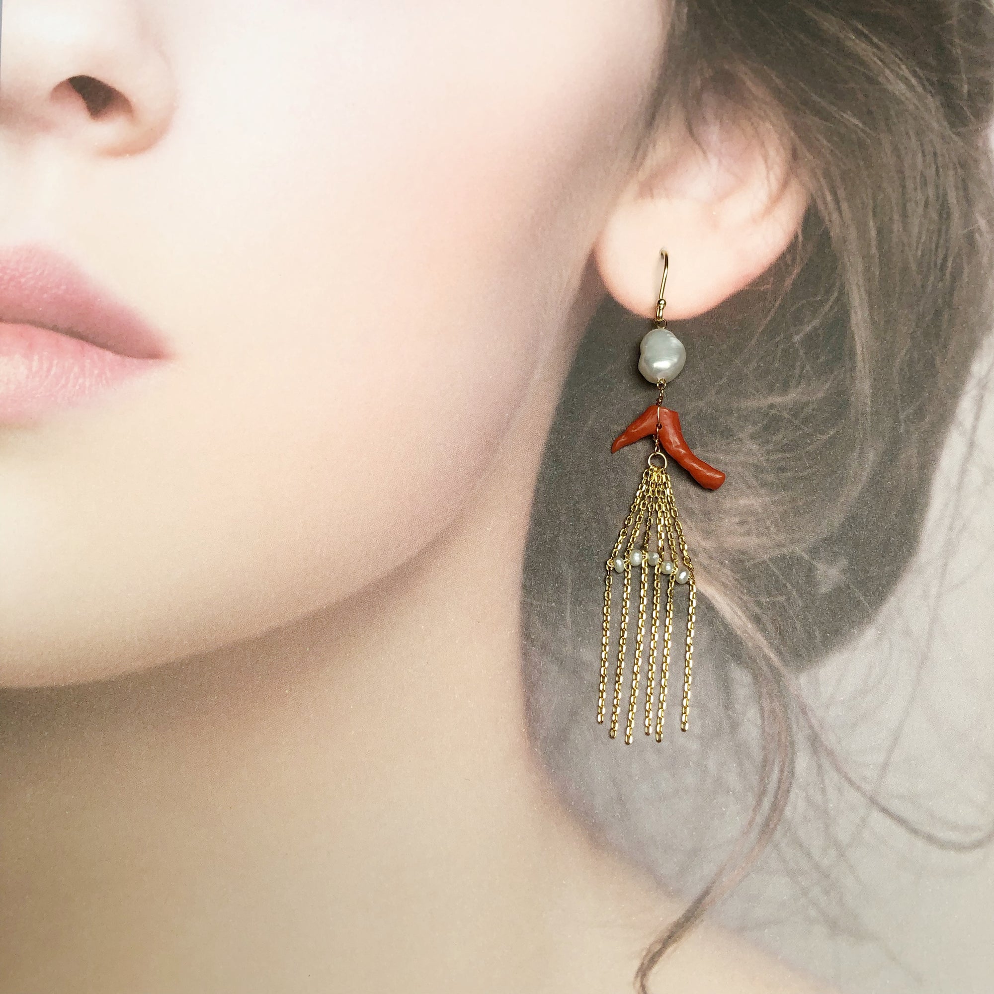 Natural Red Coral Waterfall Earrings