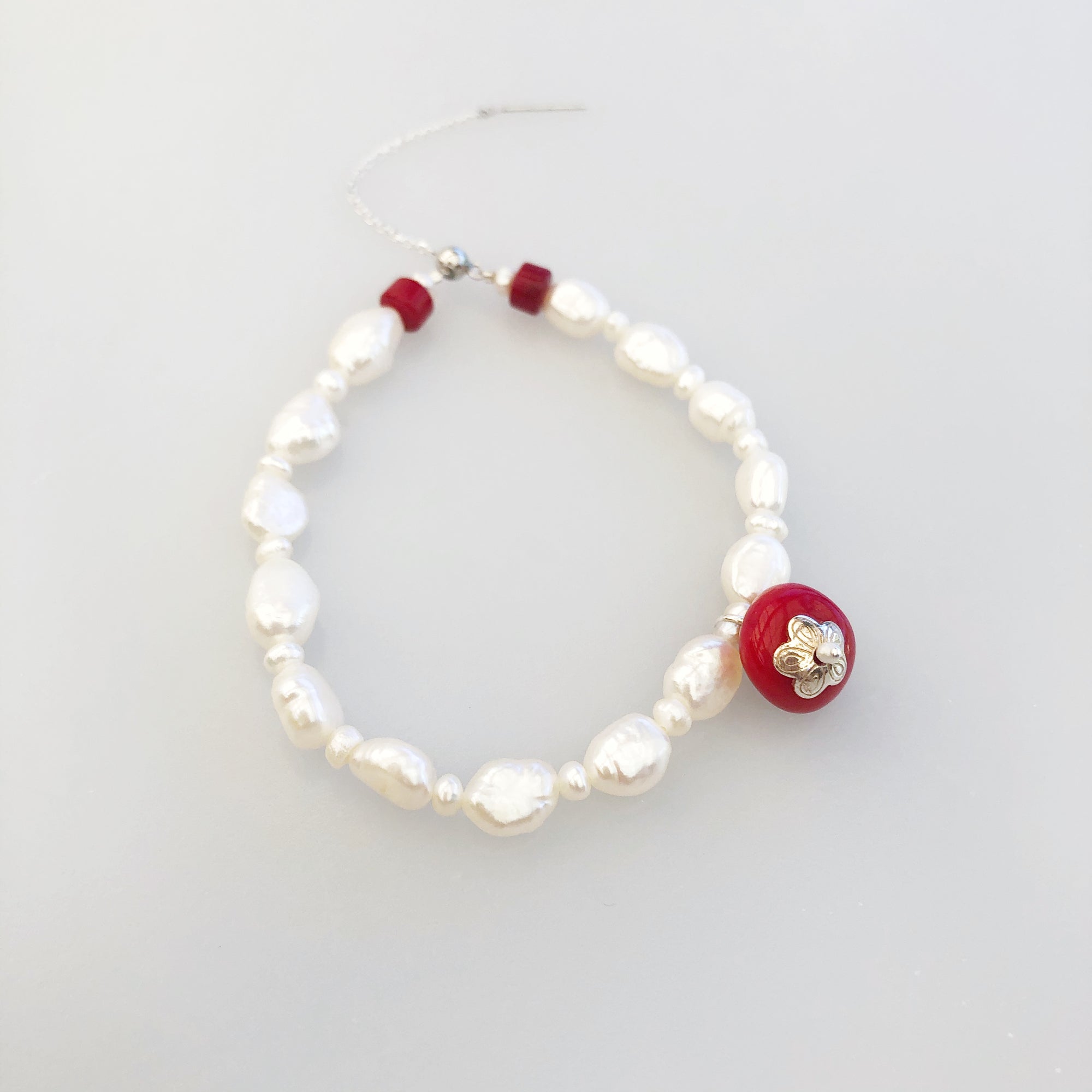 Plum Blossom Pearl and Coral Bracelet Silver