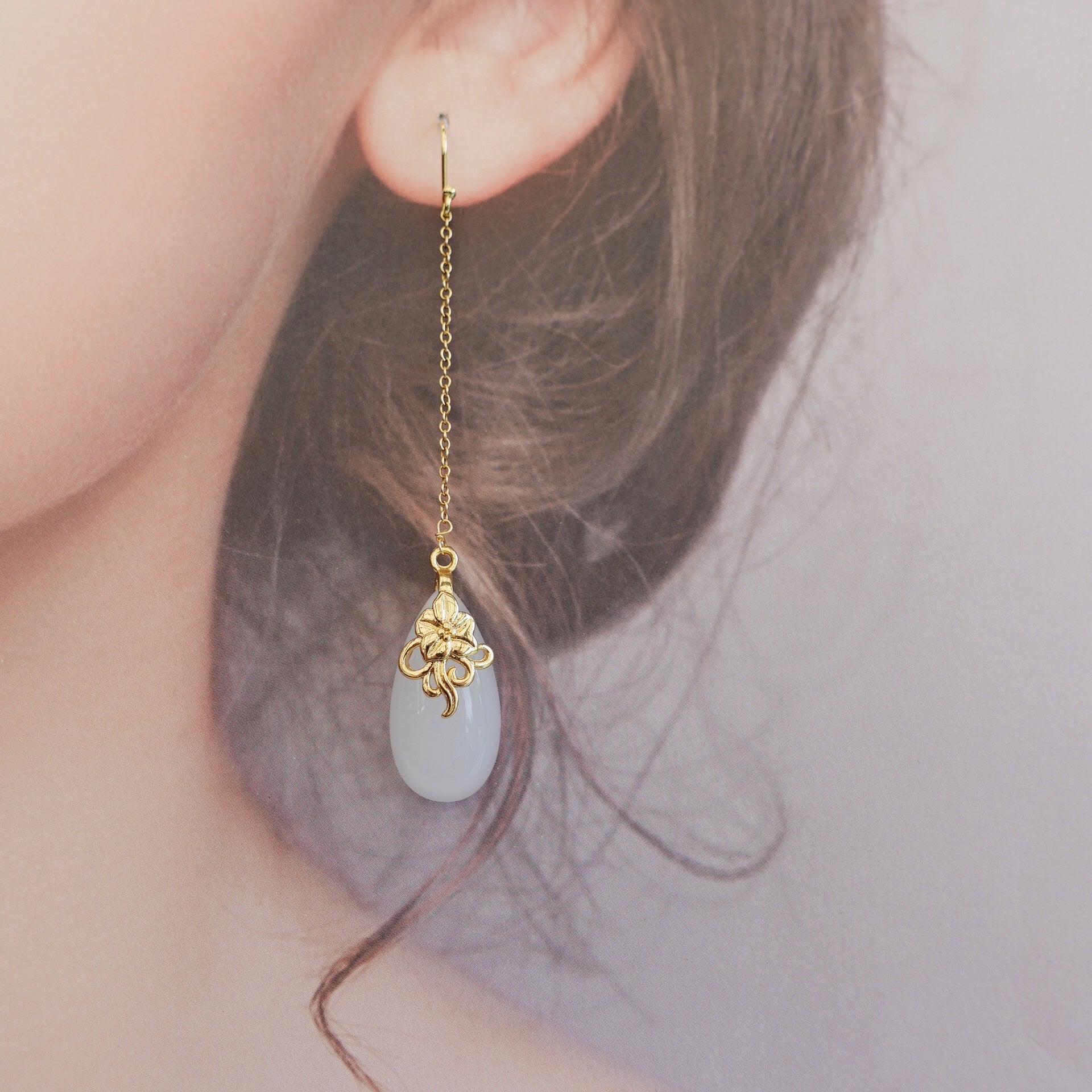 White Jade Earrings with Long Dangle Chain - Yun Boutique